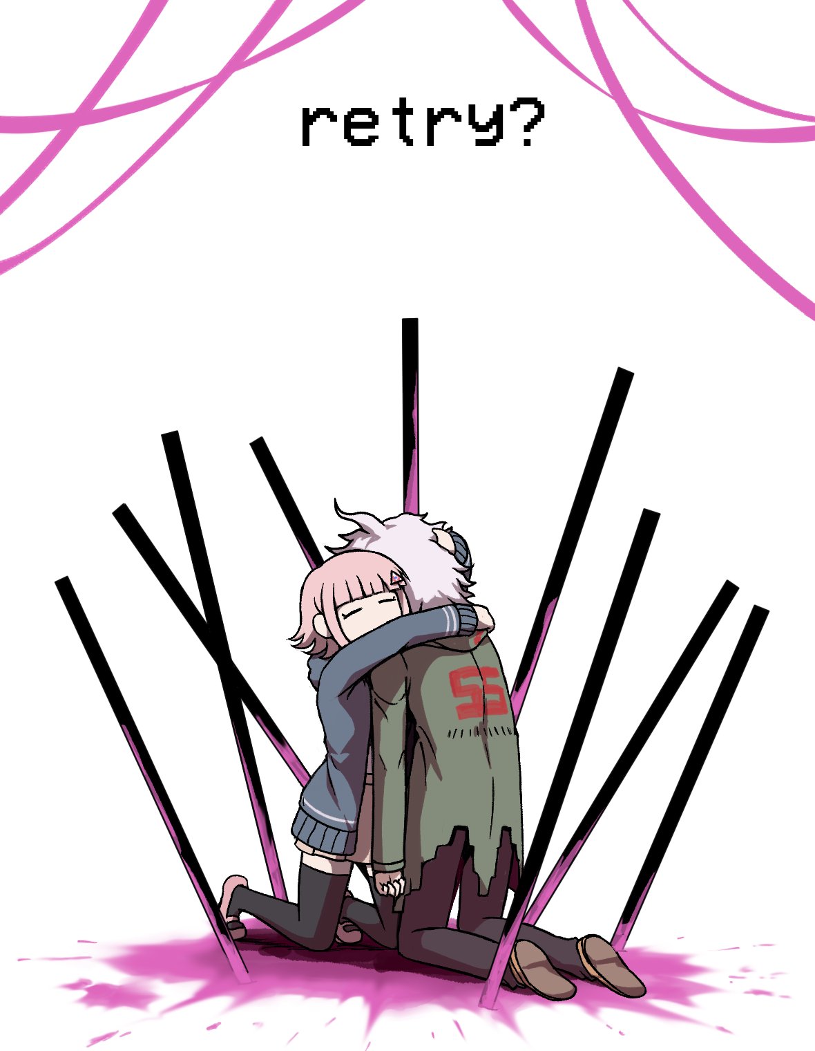 kmnm 1403, komaeda nagito, nanami chiaki, danganronpa (series), danganronpa 2: goodbye despair, highres, 1boy, 1girl, black pants, black thighhighs, blood, blunt bangs, brown hair, brown skirt, english text, green jacket, grey hair, hair ornament, hood, hood down, hug, jacket, long sleeves, medium hair, messy hair, miniskirt, pants, pink blood, pink shoes, pleated skirt, polearm, shoes, simple background, skirt, spear, thighhighs, torn clothes, torn jacket, weapon, white background