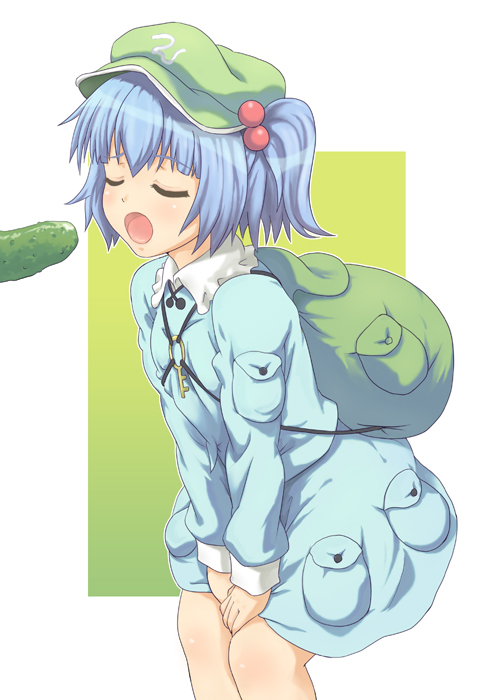 gahiro, kawashiro nitori, touhou, 1girl, blue hair, cucumber, female focus, green hat, hair bobbles, hair ornament, hat, sexually suggestive, short hair, solo, two side up