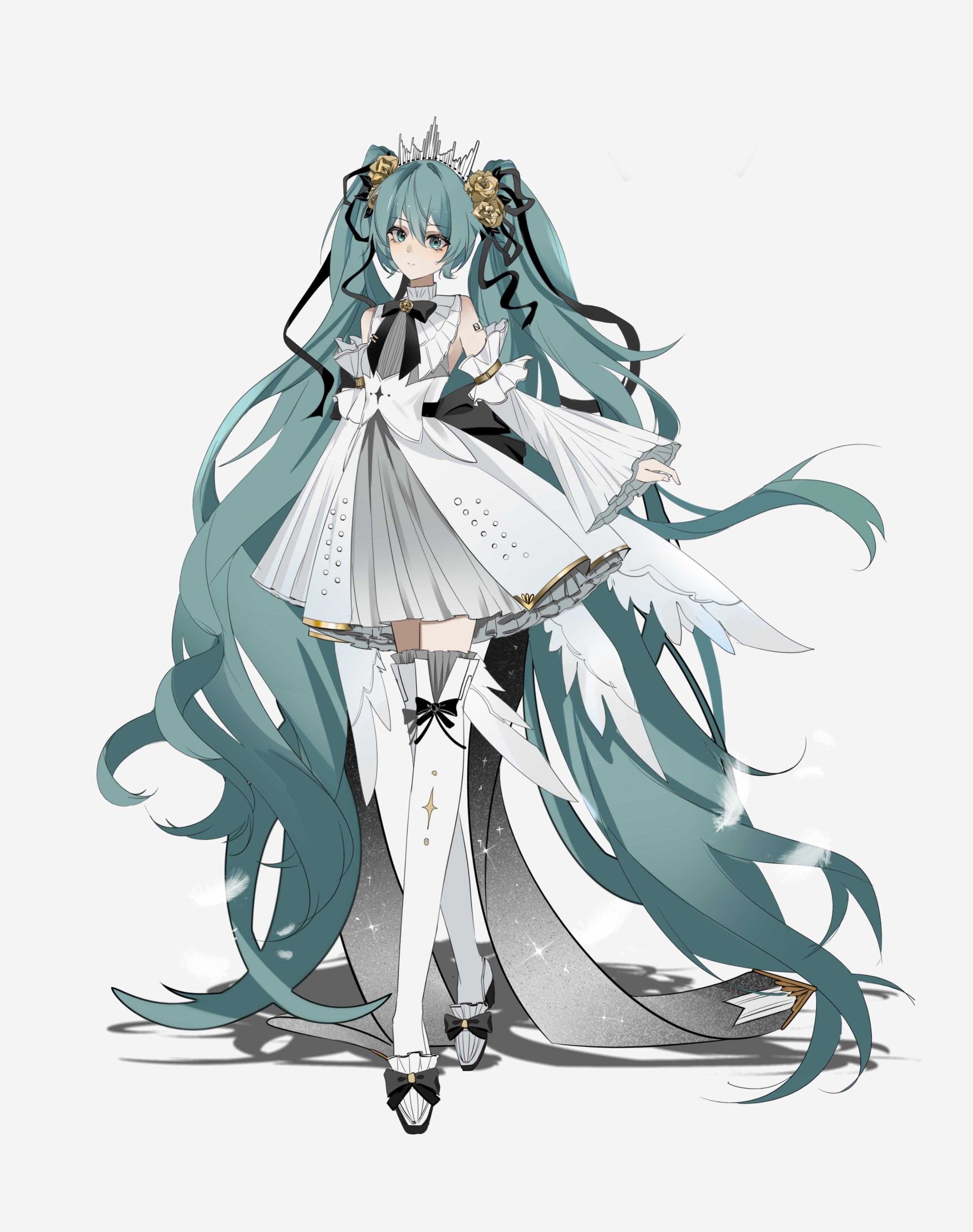 shen jiu, hatsune miku, miku symphony (vocaloid), vocaloid, absurdres, highres, 1girl, absurdly long hair, aqua eyes, aqua hair, arm tattoo, closed mouth, detached sleeves, flower, full body, hair between eyes, hair flower, hair ornament, high heels, long hair, long sleeves, looking at viewer, number tattoo, official alternate costume, official alternate hairstyle, pumps, rose, solo, tattoo, thighhighs, twintails, very long hair, white thighhighs, wide sleeves, yellow flower, yellow rose