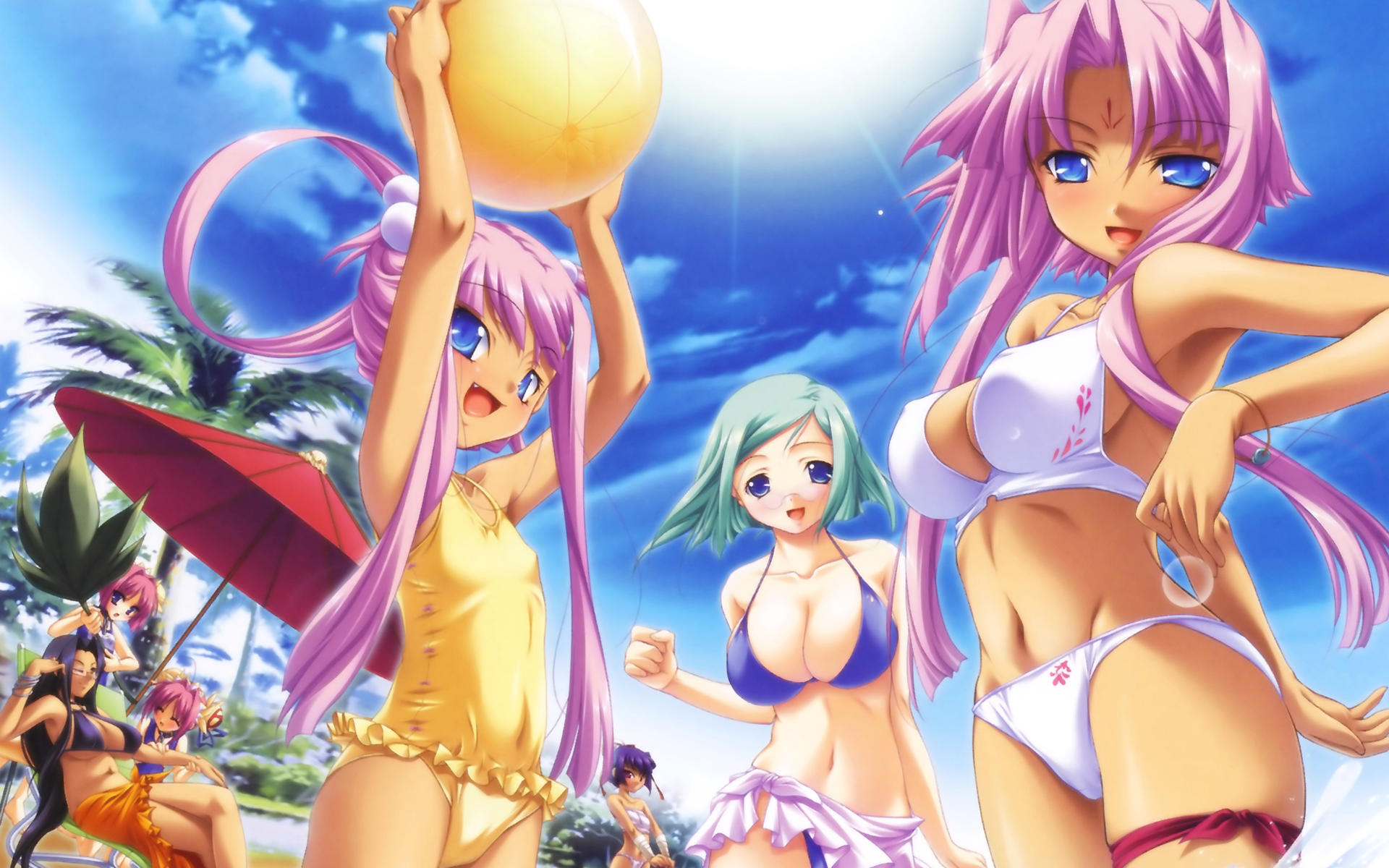 hikage eiji, daikyou (koihime musou), kannei (koihime musou), rikuson (koihime musou), shoukyou (koihime musou), shuuyu (koihime musou), sonken (koihime musou), sonshoukou (koihime musou), koihime musou, highres, official art, official wallpaper, 00s, 6+girls, aqua hair, ball, beachball, bikini, blue eyes, blush, breasts, casual one-piece swimsuit, closed eyes, covered erect nipples, day, fang, flat chest, fundoshi, glasses, green hair, happy, japanese clothes, large breasts, long hair, multiple girls, one-piece swimsuit, one eye closed, purple hair, sarashi, sarong, short hair, smile, swimsuit, twintails, umbrella