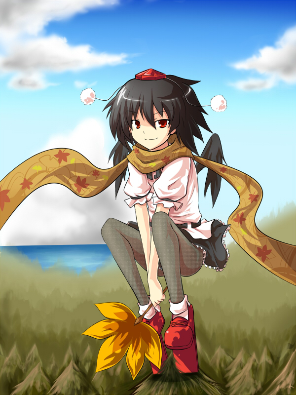 chipa (arutana), shameimaru aya, touhou, bad id, bad pixiv id, 1girl, black hair, black wings, female focus, geta, hat, looking at viewer, pantyhose, short hair, skirt, socks, solo, tengu-geta, tree, wings