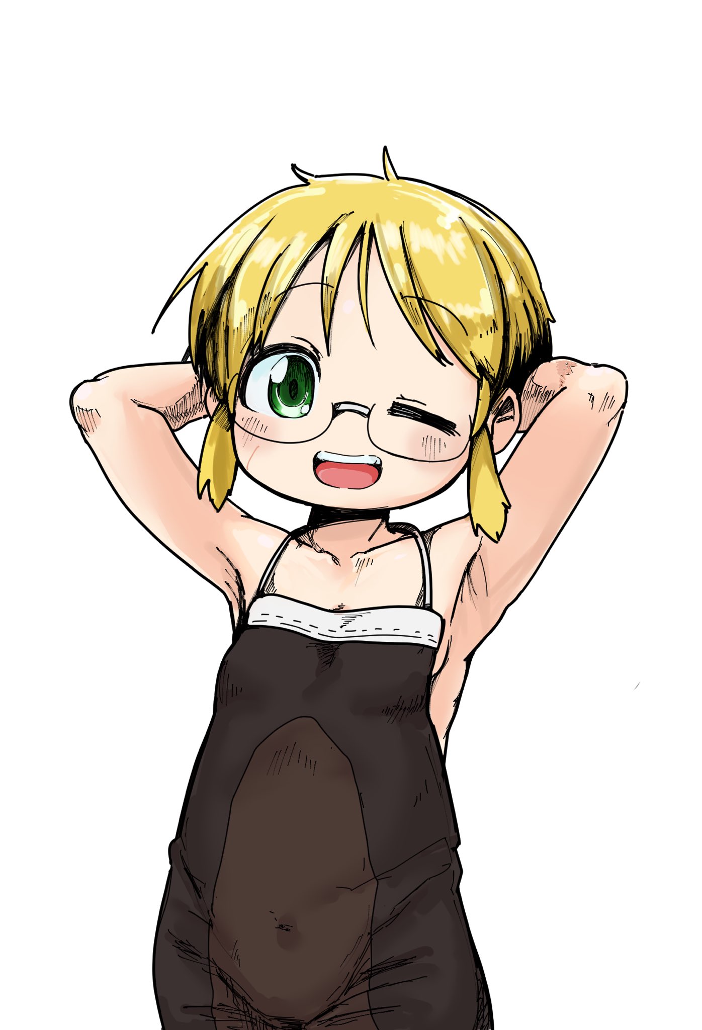 riko (made in abyss), made in abyss, commentary request, highres, 1girl, ;d, abeyakinn, armpits, arms behind head, blonde hair, breasts, brown vest, covered navel, cowboy shot, glasses, green eyes, looking at viewer, medium hair, no nose, one eye closed, open mouth, simple background, small breasts, smile, solo, teeth, upper teeth only, vest, white background