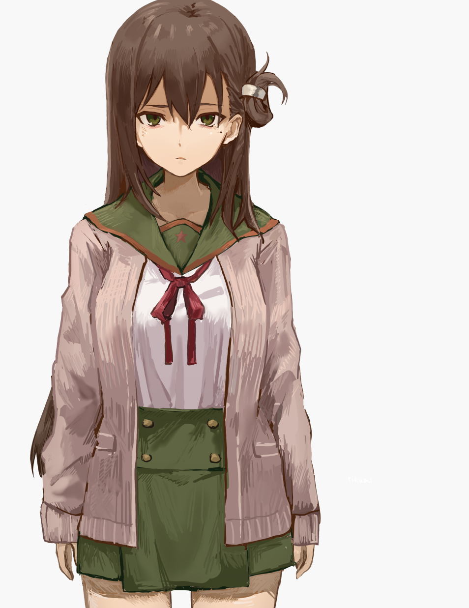 nituni tuu0, wakasa yuuri, gakkou gurashi!, highres, brown cardigan, brown hair, cardigan, green eyes, green sailor collar, green skirt, hair ornament, hairclip, long hair, long sleeves, looking at viewer, megurigaoka high school uniform, mole, mole under eye, neck ribbon, one side up, open cardigan, open clothes, pleated skirt, red ribbon, ribbon, sailor collar, school uniform, shirt, simple background, skirt, sleeves past wrists, white background, white shirt