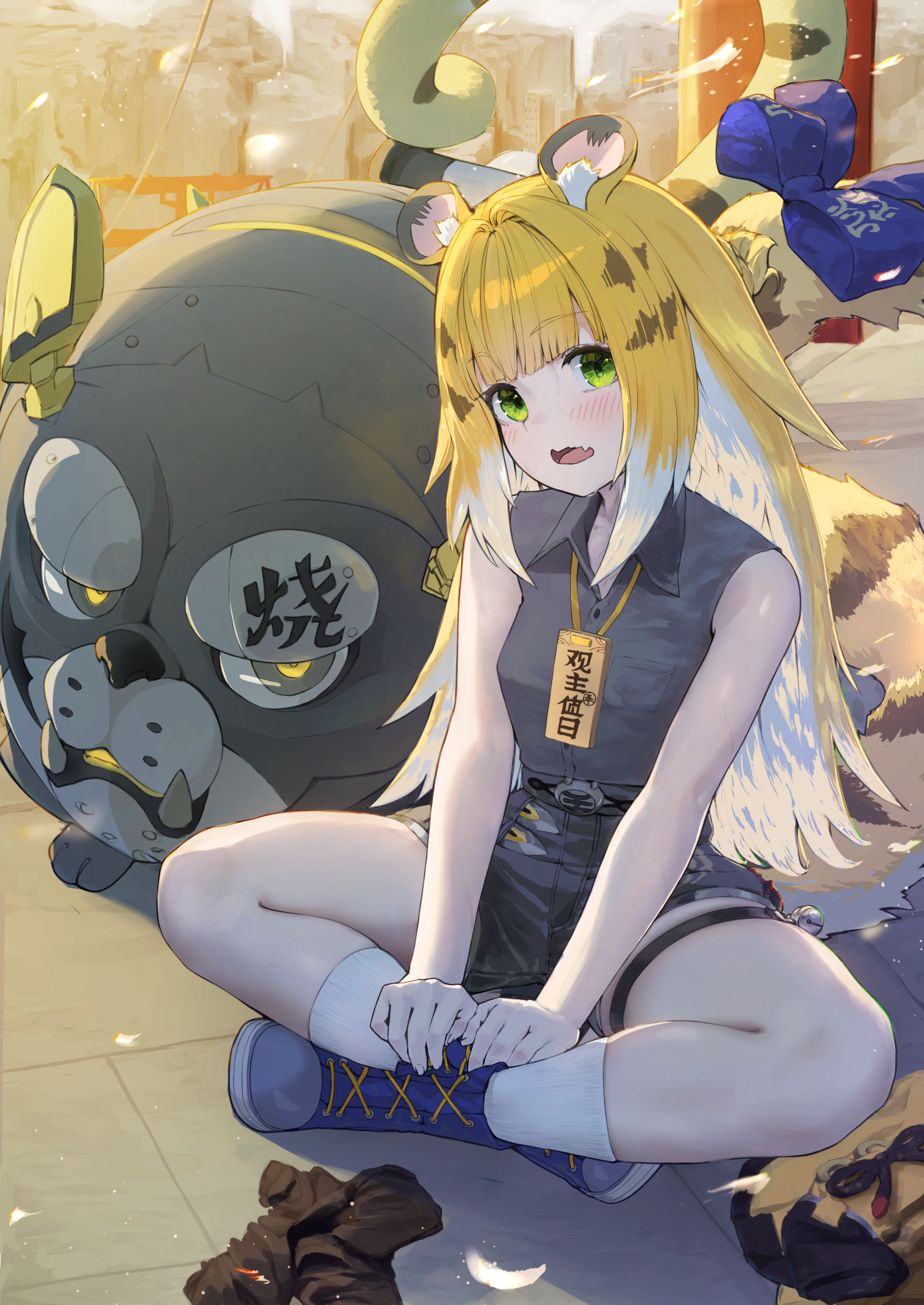 mmk (majinai no mori), hu wei (zenless zone zero), ju fufu, zenless zone zero, highres, 1girl, 1other, animal ear fluff, animal ears, bare shoulders, blonde hair, blue shoes, blush, bow, clothes on floor, colored inner hair, crossed legs, fang, green eyes, grey shirt, hands on own legs, head tilt, high-waist shorts, medallion, multicolored hair, open mouth, orange fur, shirt, shoes, shorts, sitting, sleeveless, sleeveless shirt, striped fur, striped hair, tail, tail bow, tail ornament, thigh strap, tiger ears, tiger girl, tiger stripes, tiger tail