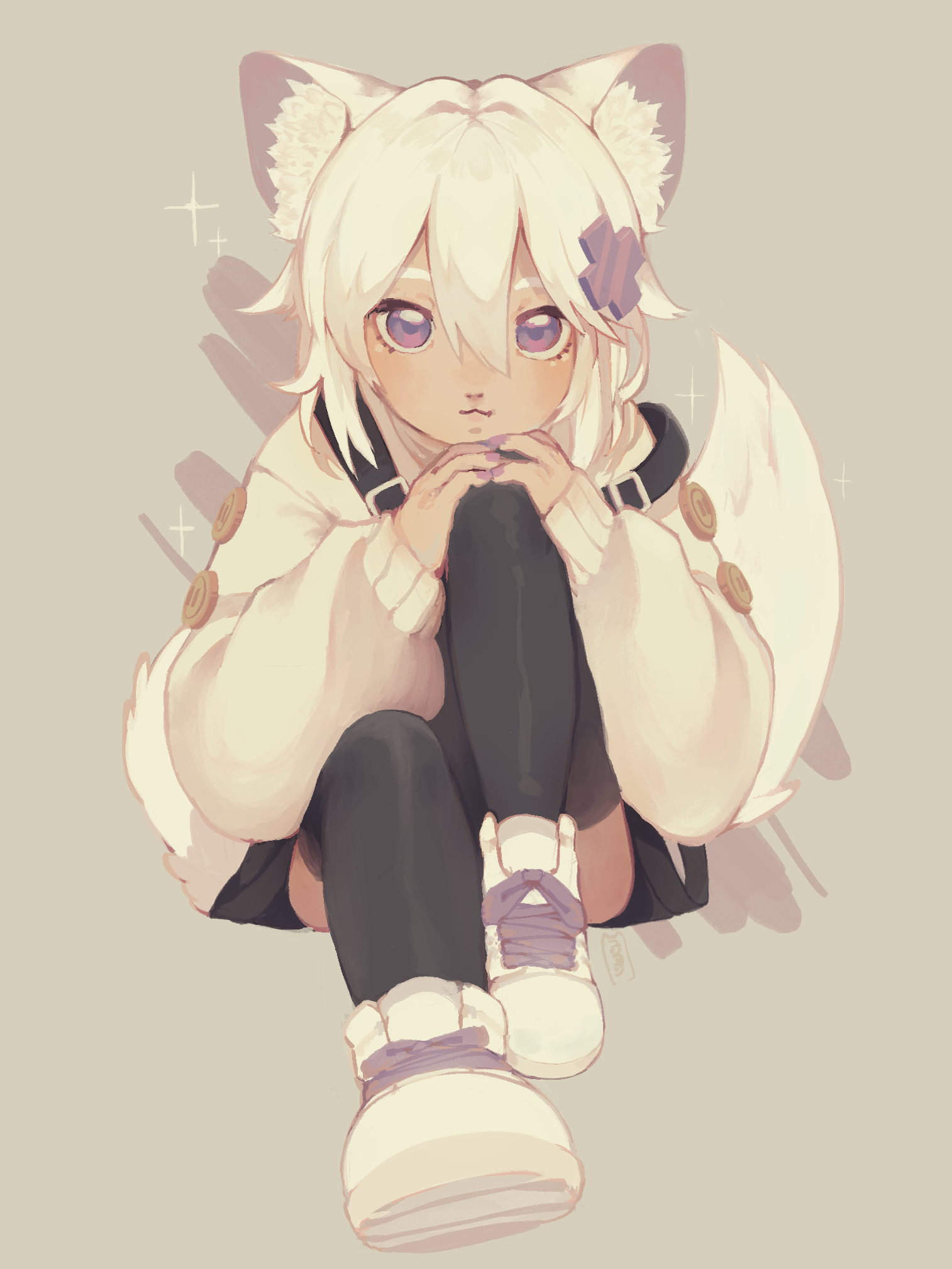 yuureii, filian (vtuber), mint (vrchat), indie virtual youtuber, commentary, english commentary, highres, 1girl, :3, animal ear fluff, animal ears, black thighhighs, cat ears, cat girl, cat tail, closed mouth, eyelashes, full body, grey background, hair ornament, hands on own knee, hands on own leg, head rest, long sleeves, nail polish, nostrils, purple eyes, purple nails, shoelaces, shoes, simple background, sitting, smile, solo, sparkle, tail, thighhighs, virtual youtuber, white hair, white shoes