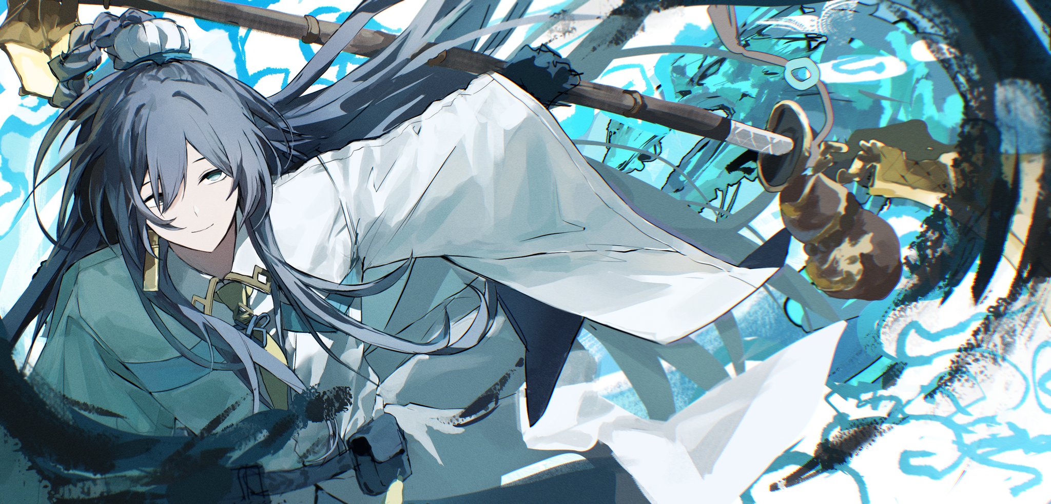 hasugu, hong lu (project moon), arknights, limbus company, project moon, highres, 1boy, black eyes, black gloves, black hair, blue background, blue eyes, coat, collared shirt, earrings, gloves, guan dao, heterochromia, holding, holding weapon, jewelry, long hair, looking at viewer, male focus, necktie, polearm, shirt, simple background, single earring, solo, to remain oneself (e.g.o), upper body, weapon, white coat, white shirt, yellow necktie