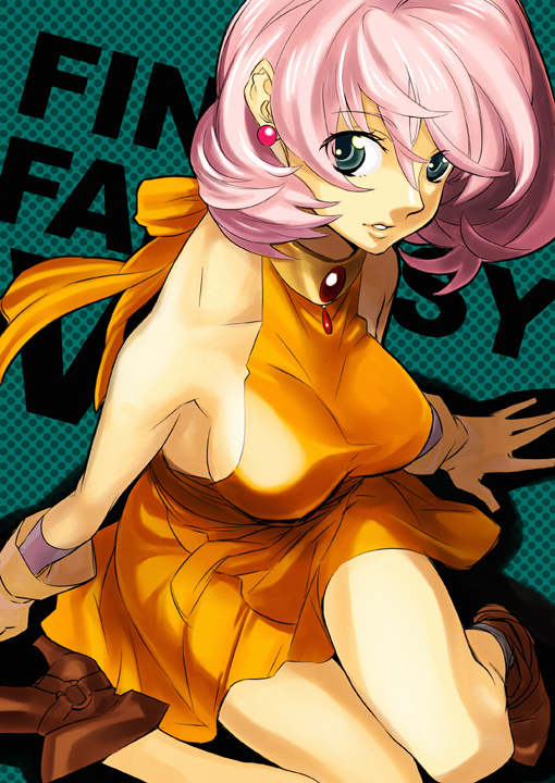 kishiro (michiko), michiko (artist), lenna charlotte tycoon, final fantasy, final fantasy v, 1990s (style), 1girl, blue eyes, boots, breasts, choker, copyright name, dress, earrings, female focus, gloves, green background, jewelry, large breasts, orange shirt, orange skirt, pink hair, polka dot, polka dot background, retro artstyle, shirt, short hair, sideboob, skirt, solo
