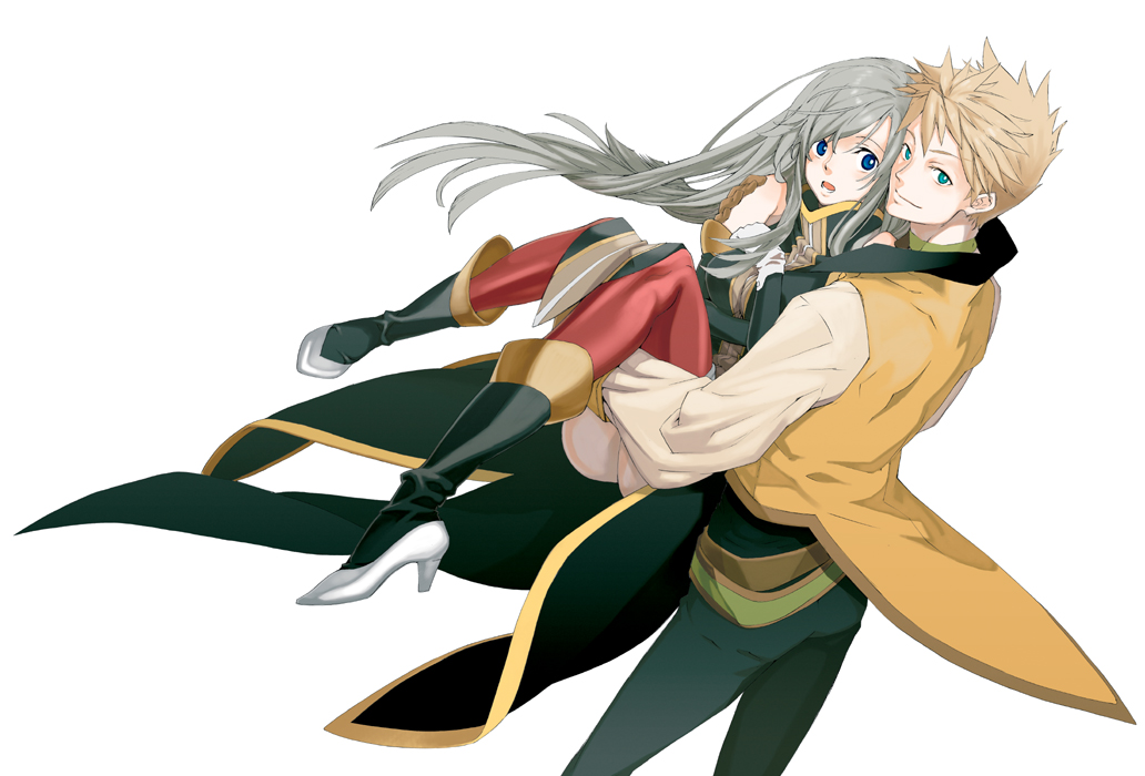 kishiro (michiko), michiko (artist), guy cecil, tear grants, tales of (series), tales of the abyss, silver hair, 00s, 1boy, 1girl, belt, blonde hair, blue eyes, boots, carrying, couple, gloves, hetero, high heels, knee boots, shoes, thighhighs