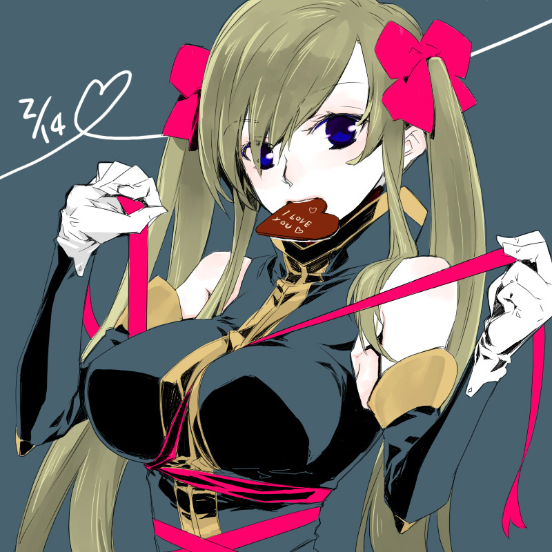 kishiro (michiko), michiko (artist), tear grants, tales of (series), tales of the abyss, 00s, 1girl, blue background, blue eyes, breasts, brown hair, candy, chocolate, chocolate heart, detached sleeves, female focus, food, gloves, hair ribbon, heart, heart of string, large breasts, long hair, mouth hold, ribbon, solo, twintails, valentine