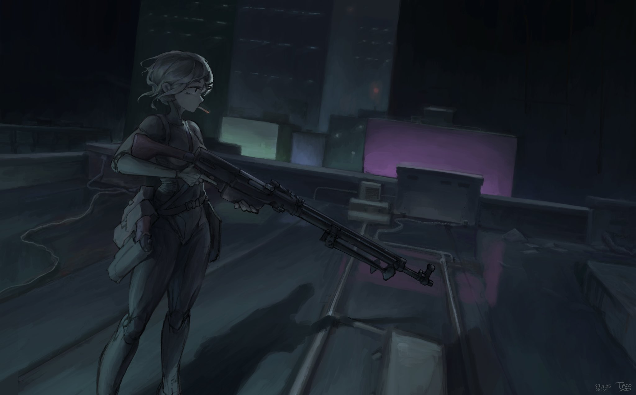 taco xd69, marie (peripeteia), peripeteia, commentary, highres, 1girl, android, artist name, breasts, building, cigarette, city lights, cityscape, dark, dated, dutch angle, feet out of frame, floating hair, gun, hair ornament, hairclip, handgun, holding, holding gun, holding weapon, holster, holstered, looking afar, mechanical arms, mechanical legs, night, on rooftop, painterly, ptrs-41, short hair, sidelighting, skyscraper, small breasts, smoking, solo, thigh holster, trigger discipline, weapon, wide shot, wind