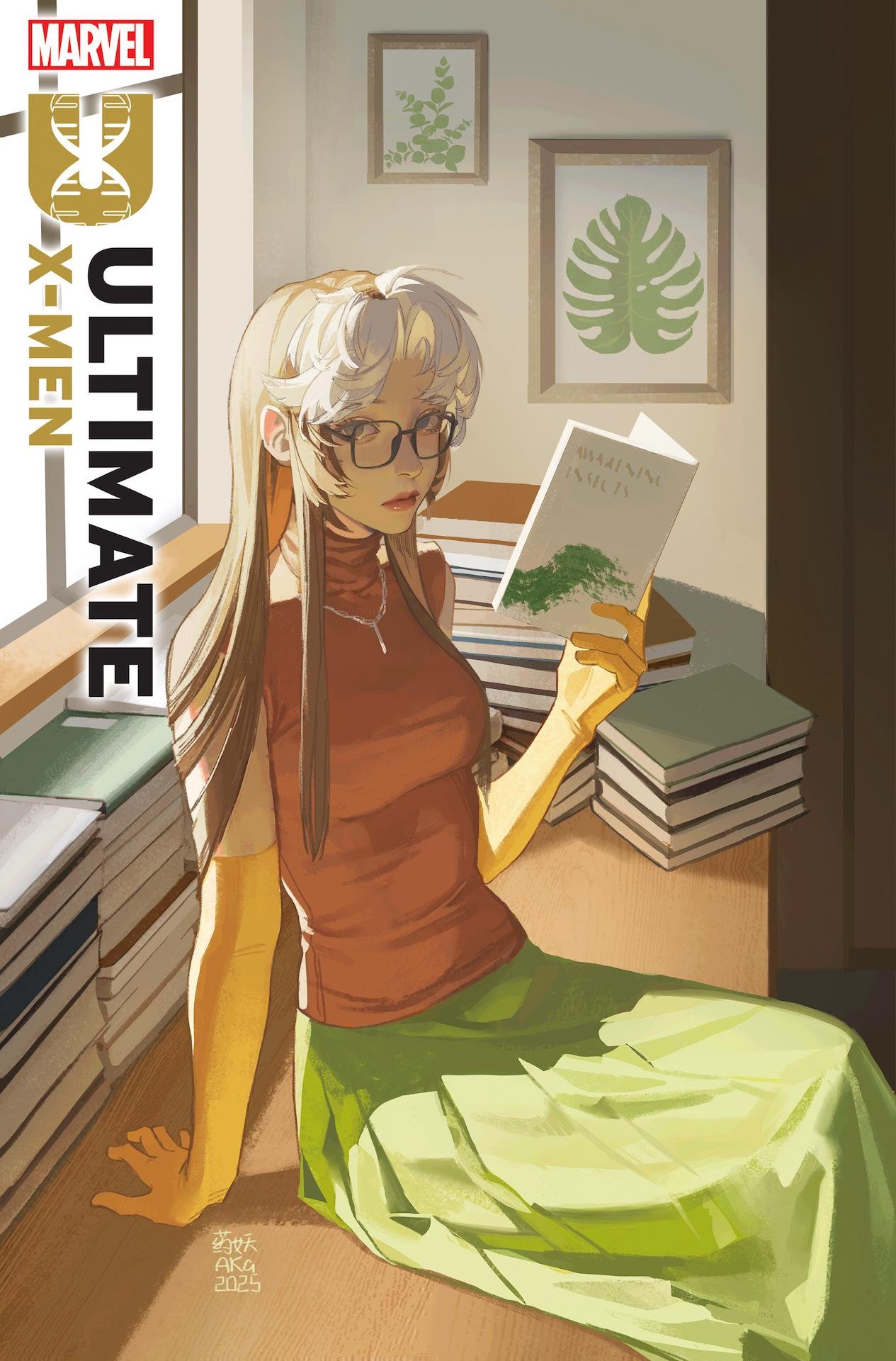 yaoyao794, rogue (x-men), marvel, x-men, highres, 1girl, book, breasts, brown hair, colored bangs, elbow gloves, glasses, gloves, long hair, looking at viewer, multicolored hair, skirt, solo, two-tone hair, white hair, yellow gloves