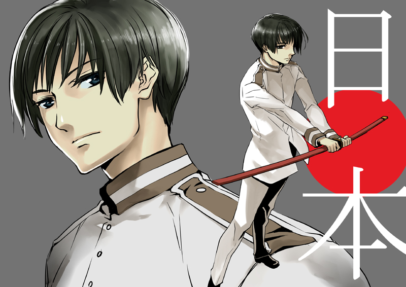 kishiro (michiko), michiko (artist), japan (hetalia), axis powers hetalia, 00s, 1boy, black hair, blue eyes, katana, male focus, military, military uniform, short hair, solo, sword, weapon