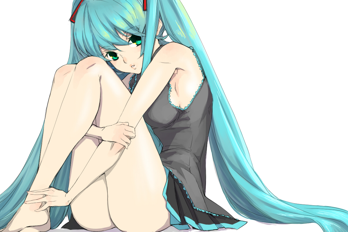 kishiro (michiko), michiko (artist), hatsune miku, vocaloid, 1girl, aqua hair, armpits, ass, barefoot, blue eyes, breasts, female focus, green eyes, hugging own legs, long hair, sideboob, sitting, skirt, sleeveless, solo, twintails, very long hair