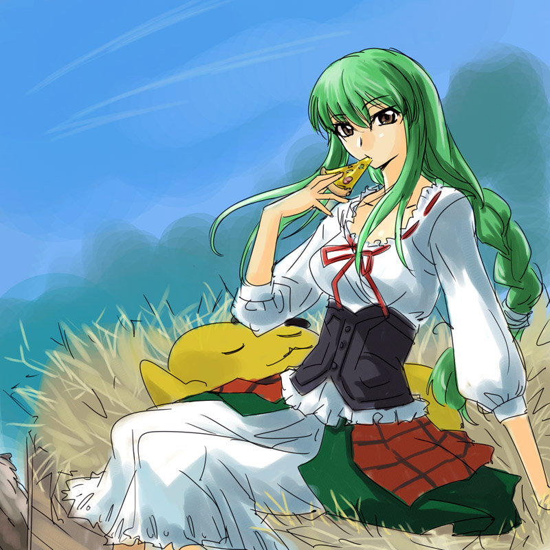 michael f91, c.c., cheese-kun, code geass, pizza hut, 00s, 1girl, braid, brown eyes, corset, eating, female focus, food, green hair, long hair, pizza, pizza slice, single braid, sitting, solo