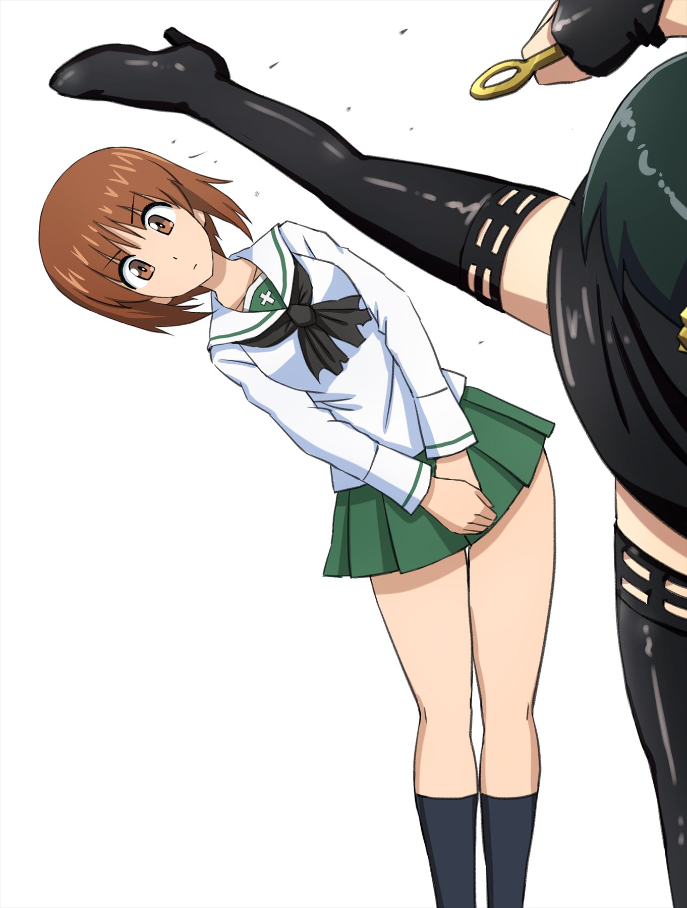 omachi (slabco), nishizumi miho, yor briar, girls und panzer, spy x family, highres, 2girls, brown eyes, brown hair, dodging, long sleeves, looking at viewer, miniskirt, multiple girls, ooarai school uniform, pleated skirt, school uniform, serafuku, shirt, short hair, skirt, standing, thighhighs, white background, white shirt