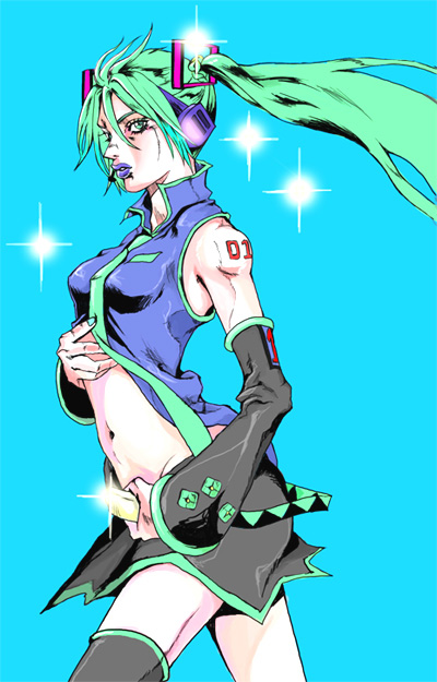 hatsune miku, kuujou jolyne, jojo no kimyou na bouken, vocaloid, 1girl, araki hirohiko (style), bare shoulders, cosplay, detached sleeves, female focus, green eyes, green hair, lips, lipstick, makeup, matching hair/eyes, midriff, navel, necktie, parody, purple lips, skirt, sleeveless, solo, sparkle, style parody, thighhighs, twintails