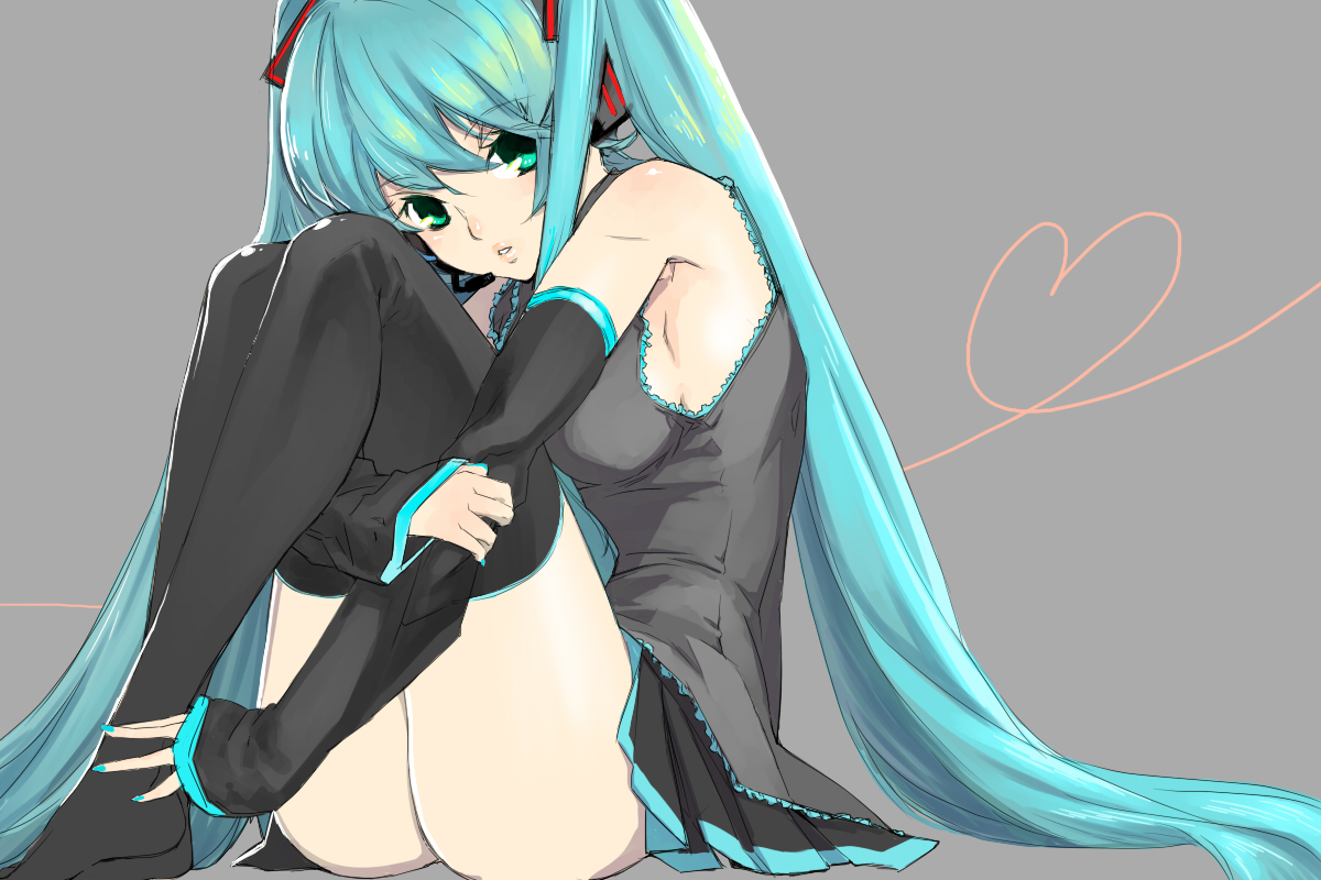 kishiro (michiko), michiko (artist), hatsune miku, vocaloid, 1girl, aqua hair, aqua nails, blue eyes, detached sleeves, female focus, long hair, nail polish, sitting, skirt, solo, thighhighs, twintails