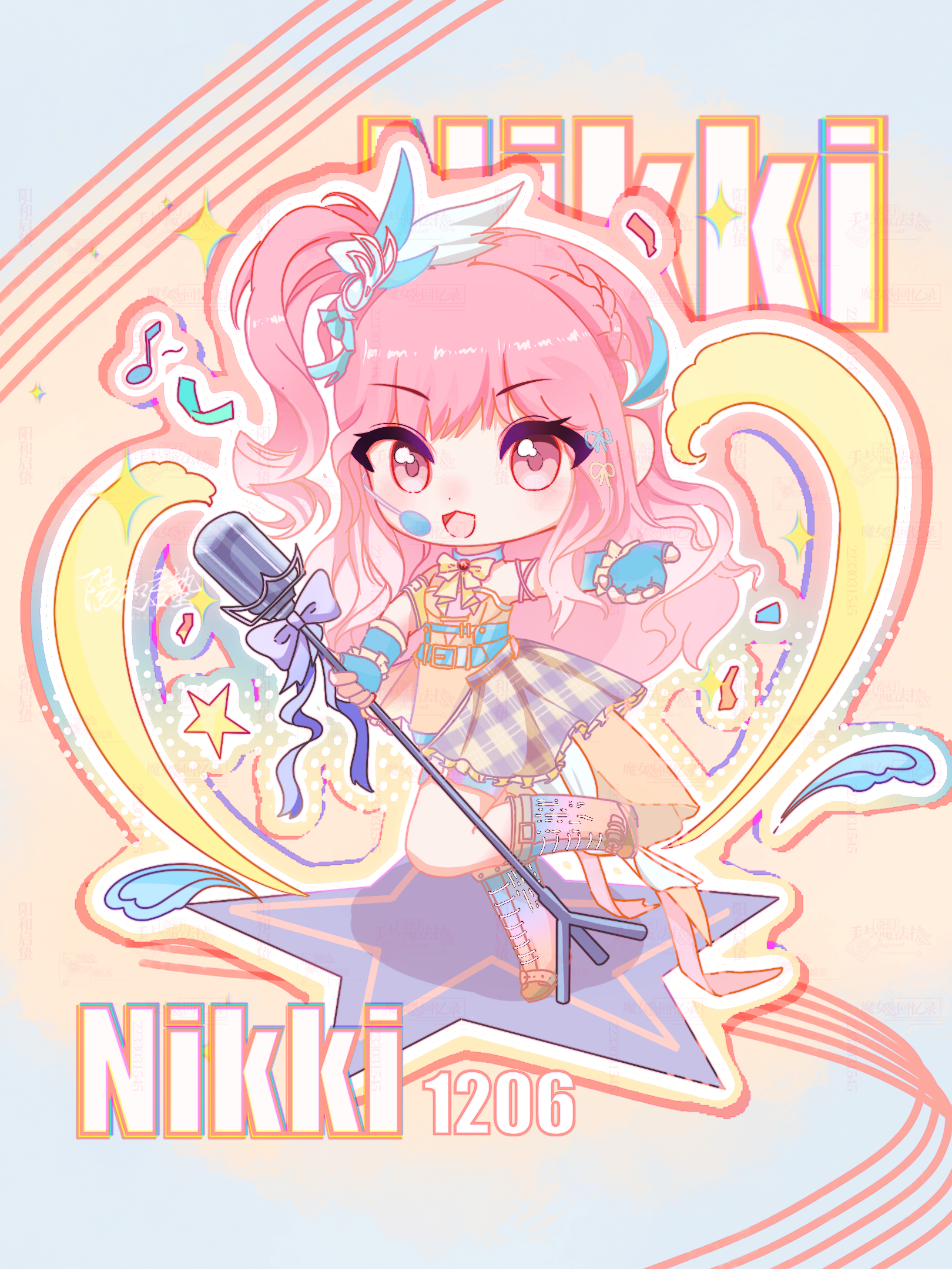 infinity nikki, nikki (series), chinese commentary, commentary request, highres, 1girl, arm up, bare shoulders, belt, belt buckle, blue background, blue belt, blue boots, blue choker, blue gloves, blue ribbon, boots, bow, bowtie, braid, buckle, chibi, choker, confetti, copyright name, dated, dress, eyelashes, feather hair ornament, feathers, fingerless gloves, frilled dress, frilled gloves, frills, gloves, gradient boots, hair ornament, hair ribbon, halftone, happy, holding, holding microphone stand, idol, knee boots, lace-up boots, long hair, microphone, microphone stand, mumu079860, musical note, official alternate color, one side up, orange background, orange boots, orange dress, orange outline, outline, outstretched hand, pink eyes, pink hair, pink ribbon, plaid clothes, plaid dress, pleated dress, portrait, purple bow, purple dress, ribbon, short dress, side braid, single braid, solo, sparkle, spoken musical note, stage, starry nocturne (infinity nikki), strapless, strapless dress, two-tone background, two-tone dress, very long hair, wavy hair, white outline, wing hair ornament, yellow bow, yellow bowtie, yellow ribbon