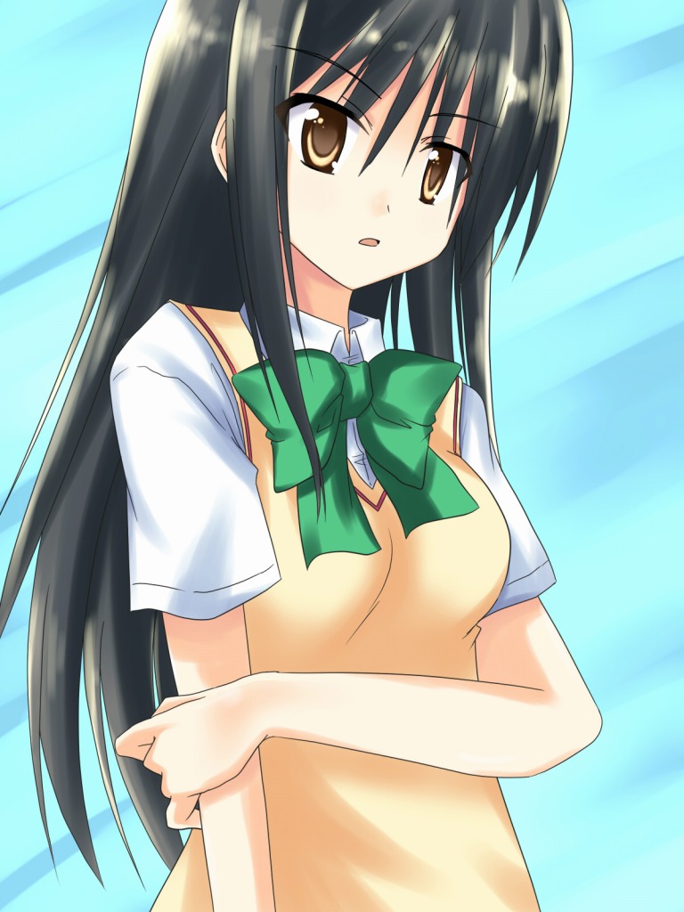 akane souichi, kotegawa yui, to love-ru, 00s, 1girl, black hair, bow, female focus, long hair, open mouth, school uniform, serafuku, solo, sweater vest, yellow eyes