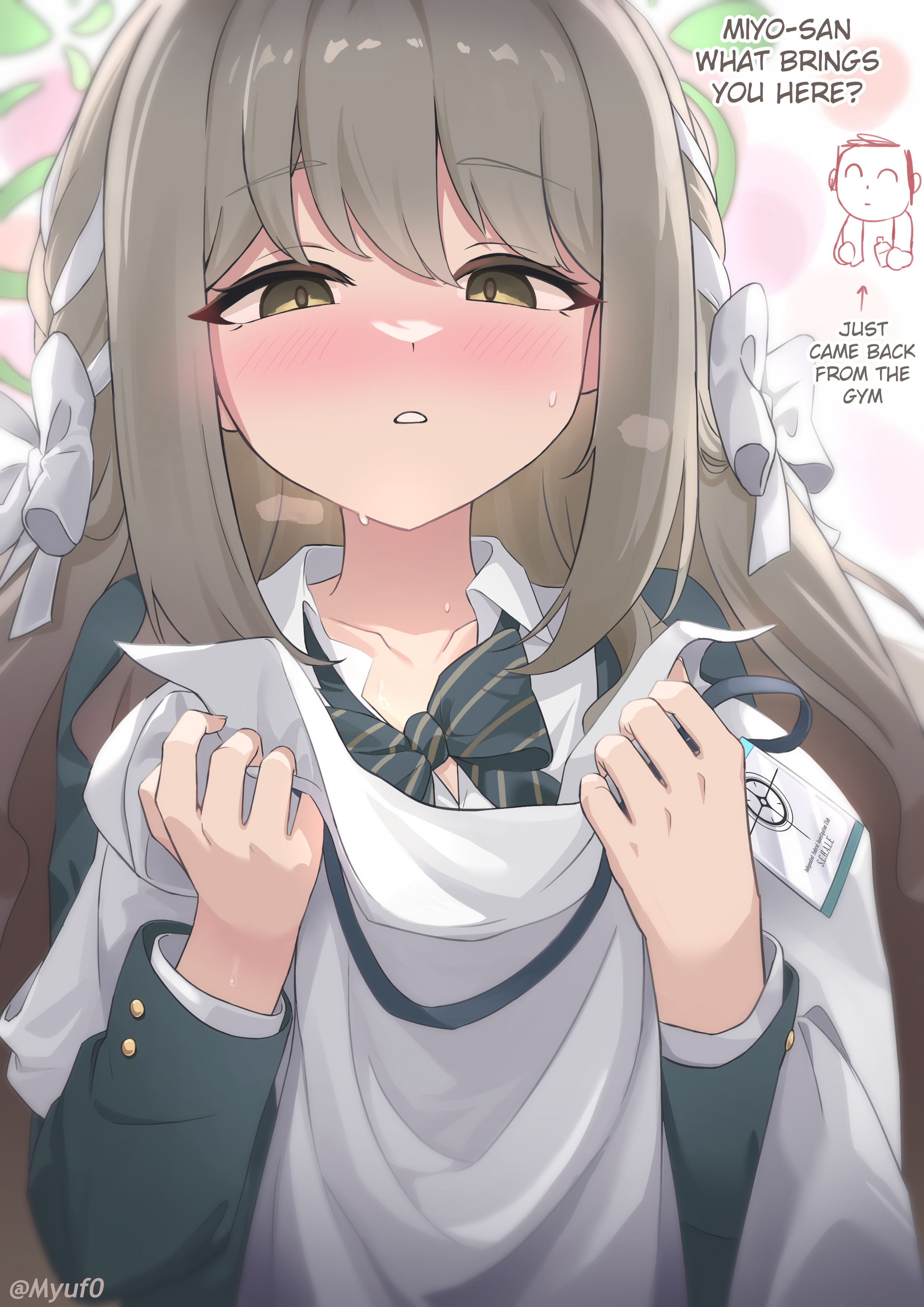 myuf, doodle sensei (blue archive), miyo (blue archive), sensei (blue archive), blue archive, hazel eyes, absurdres, commentary, english commentary, highres, 1boy, 1girl, artist name, blazer, blush, bow, bowtie, braid, collared shirt, diagonal-striped bow, diagonal-striped bowtie, diagonal-striped clothes, doodle inset, english text, green halo, green jacket, hair bow, hair ribbon, halo, holding, holding shirt, holding unworn clothes, id card, jacket, lanyard, long hair, loose bowtie, parted lips, ribbon, ribbon braid, shirt, striped bow, striped bowtie, striped clothes, sweat, twitter username, unworn shirt, white bow, white shirt