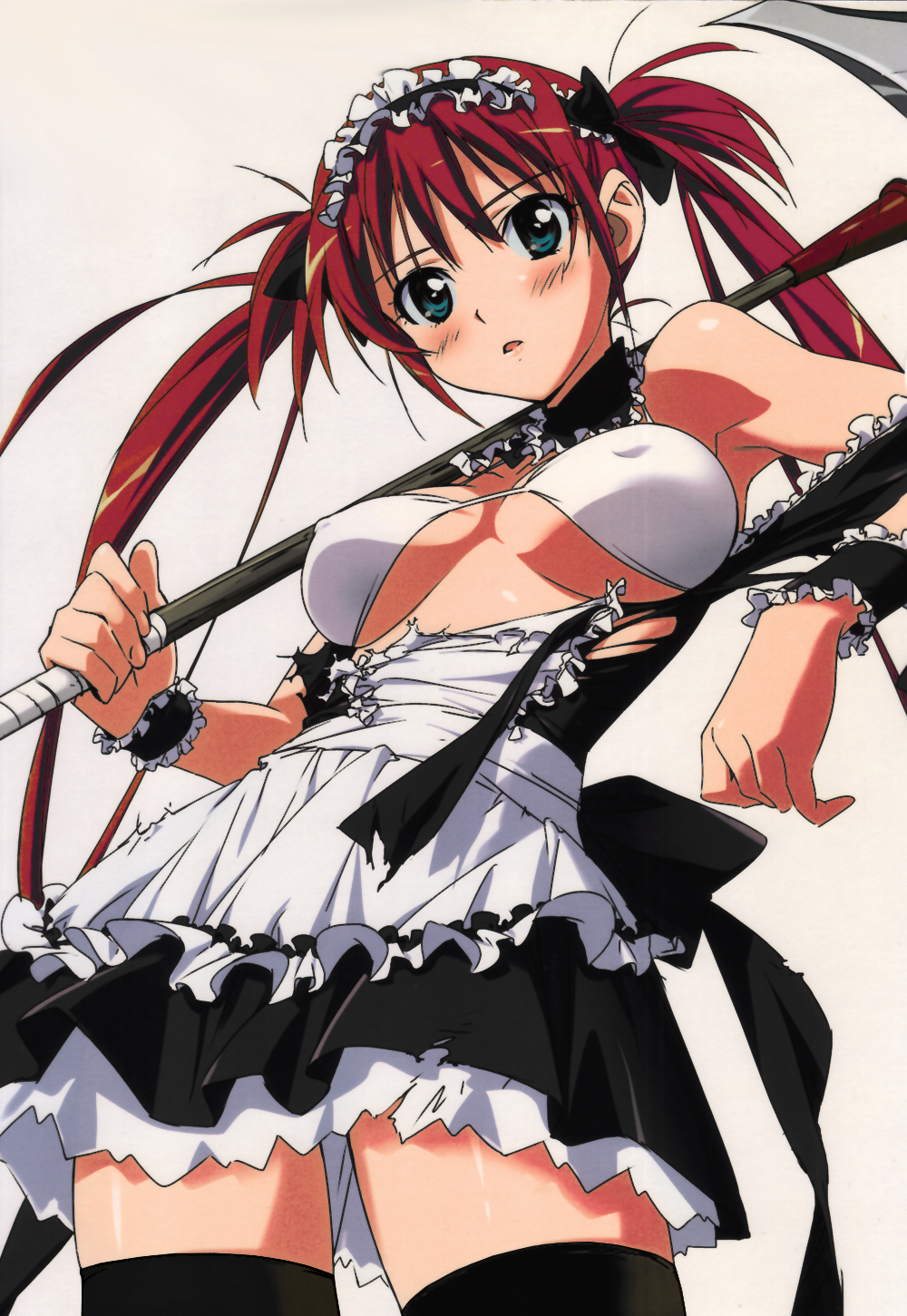 takamura kazuhiro, airi (queen's blade), airi (the infernal temptress), queen's blade, highres, 00s, 1girl, armpits, blush, bra, breasts, female focus, green eyes, lingerie, long hair, maid, red hair, scythe, solo, thighhighs, torn clothes, twintails, underboob, underwear, zettai ryouiki