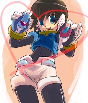 shigehiro (hiroi heya), aile (mega man zx), model x (mega man), model z (mega man), capcom, mega man (series), mega man zx, lowres, 1girl, blue eyes, brown hair, female focus, heart, shorts, solo