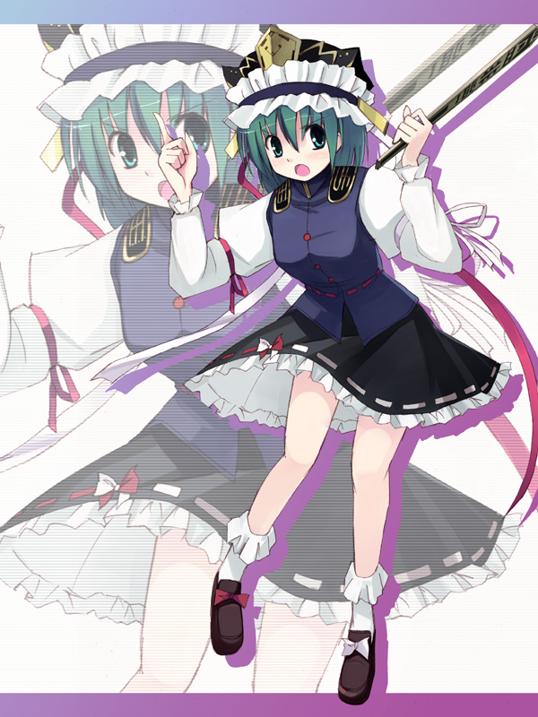 seo tatsuya, shiki eiki, touhou, 1girl, female focus, full body, green hair, hat, ribbon, rod of remorse, short hair, skirt, solo, white background