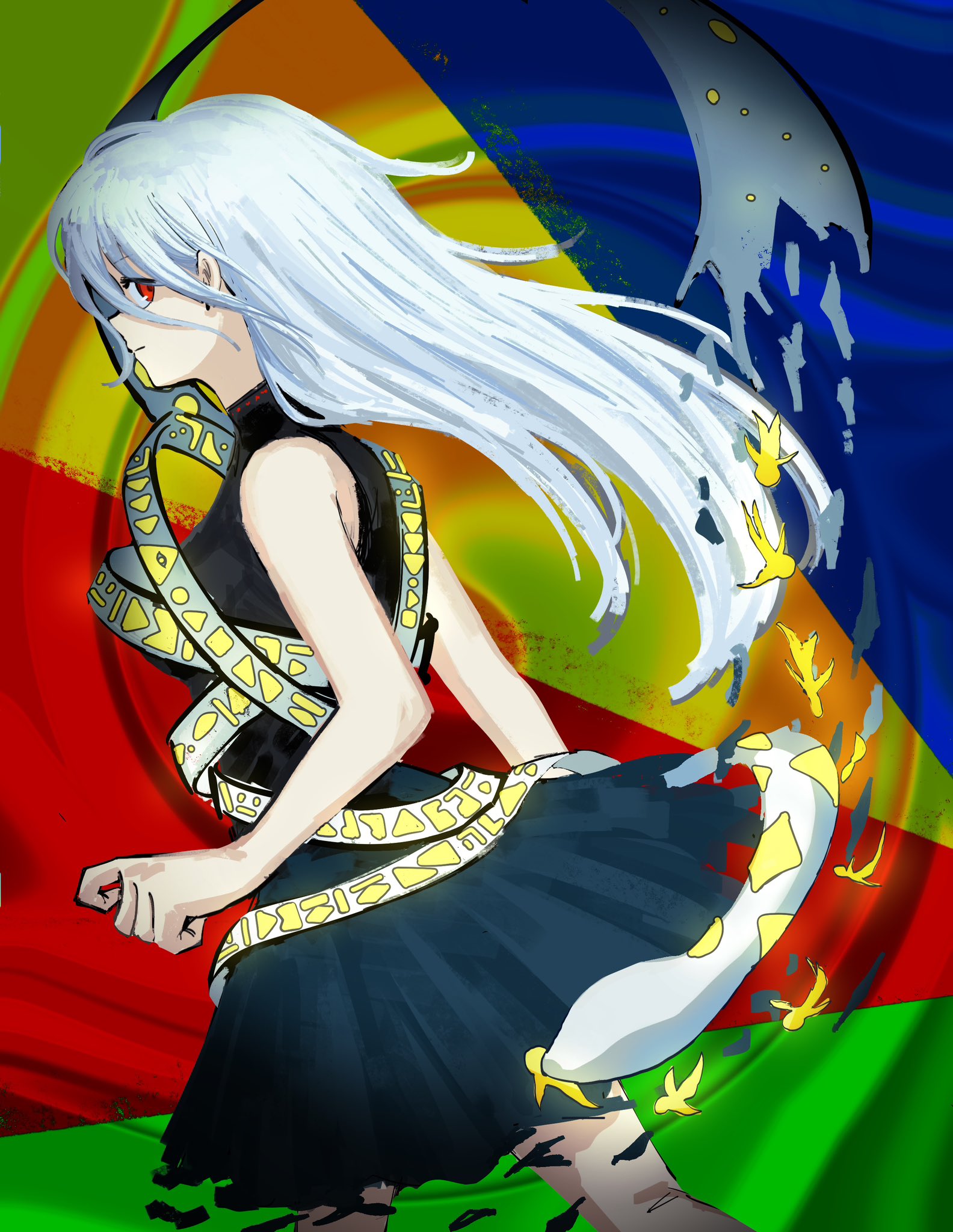ame iru, yuiman asama, touhou, commentary, highres, 1girl, bare shoulders, black shirt, blue skirt, closed mouth, from side, long hair, looking at another, looking to the side, red eyes, shirt, skirt, sleeveless, sleeveless shirt, smile, snake, solo, turtleneck, white hair