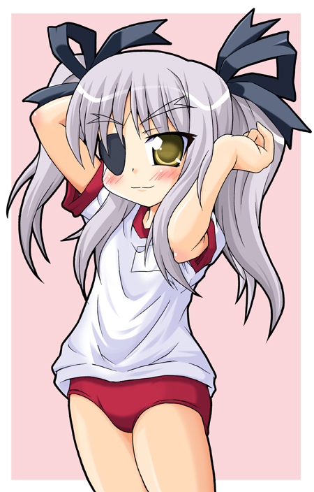 tsukishima makoto, cinque (nanoha), numbers (nanoha), lyrical nanoha, mahou shoujo lyrical nanoha, mahou shoujo lyrical nanoha strikers, silver hair, 00s, 1girl, blush, buruma, eyepatch, female focus, gym uniform, hair ribbon, ribbon, solo, yellow eyes