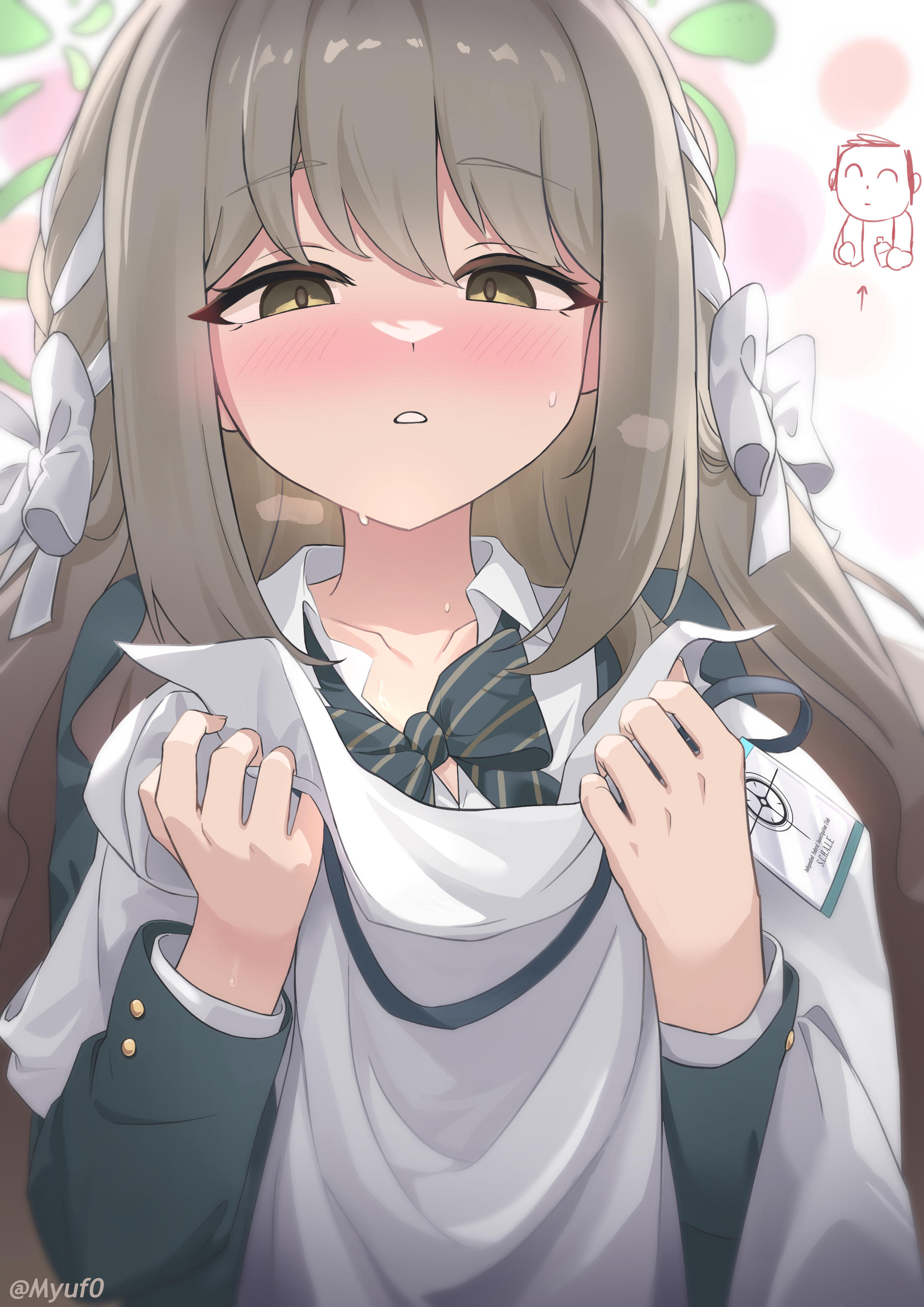 myuf, doodle sensei (blue archive), miyo (blue archive), sensei (blue archive), blue archive, hazel eyes, absurdres, commentary, english commentary, highres, 1boy, 1girl, artist name, blazer, blush, bow, bowtie, braid, collared shirt, diagonal-striped bow, diagonal-striped bowtie, diagonal-striped clothes, doodle inset, green halo, green jacket, hair bow, hair ribbon, halo, holding, holding shirt, holding unworn clothes, id card, jacket, lanyard, long hair, loose bowtie, parted lips, ribbon, ribbon braid, shirt, striped bow, striped bowtie, striped clothes, sweat, twitter username, unworn shirt, white bow, white shirt