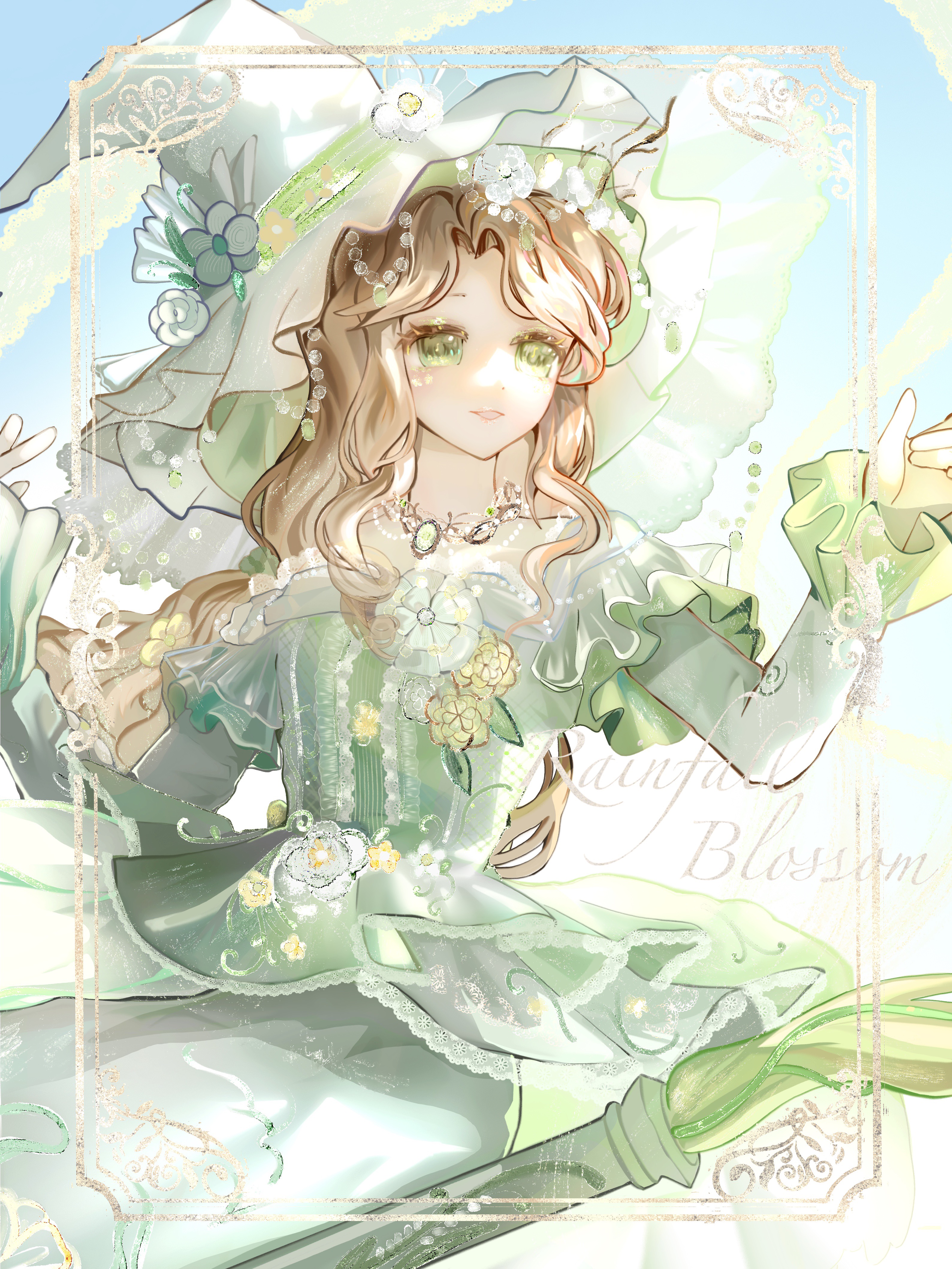 infinity nikki, nikki (series), absurdres, chinese commentary, commentary request, highres, 1girl, bare shoulders, bead necklace, beads, blue sky, broom, broom riding, brown hair, center frills, character name, cowboy shot, day, dot nose, dress, dress flower, eyelashes, floating hair, floral print, flower, frilled headwear, frilled sleeves, frills, gem, gold necklace, green dress, green eyes, green gemstone, green hat, hair beads, hair flower, hair ornament, happy, hat, hat flower, jewelry, lace, lace-trimmed dress, lace trim, layered sleeves, light blush, long dress, long hair, long sleeves, looking ahead, necklace, off-shoulder dress, off shoulder, open mouth, outdoors, outstretched hand, print dress, rainfall & blossoms (infinity nikki), rose, short over long sleeves, short sleeves, sidelocks, sitting, sky, sleeves past wrists, smile, solo, very long hair, wavy hair, white flower, white rose, witch, witch hat, yellow flower, zhumengshaonujiuyuexin