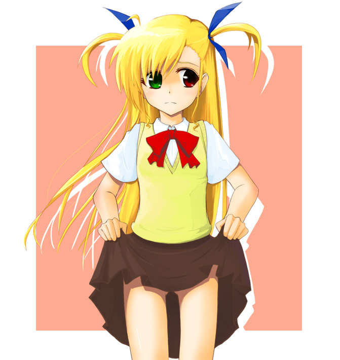 nanotsuki, vivio, lyrical nanoha, mahou shoujo lyrical nanoha, mahou shoujo lyrical nanoha strikers, 00s, 1girl, blonde hair, clothes lift, female focus, hair ribbon, heterochromia, loli, long hair, ribbon, school uniform, serafuku, skirt, skirt lift, solo, twintails, two side up