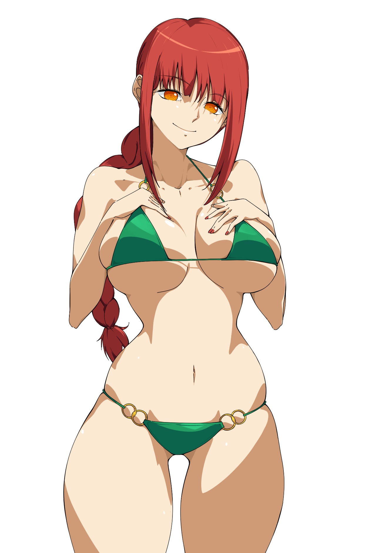 makima (chainsaw man), chainsaw man, highres, 1girl, bikini, breasts, cleavage, green bikini, kewpiemayo1729, large breasts, looking at viewer, red hair, simple background, smile, solo, swimsuit, white background
