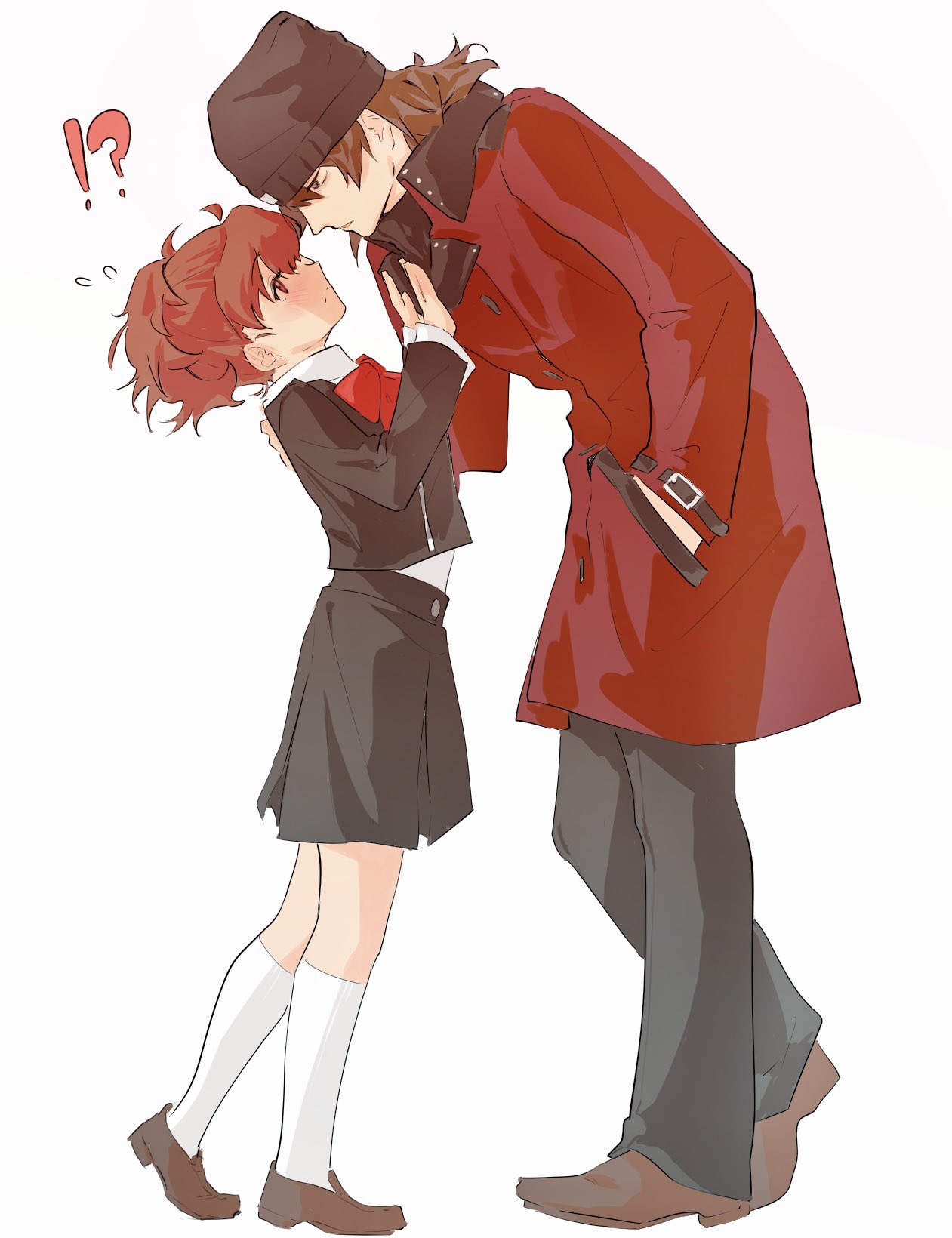 aragaki shinjirou, shiomi kotone, persona, persona 3, persona 3 portable, commentary request, highres, !?, 1boy, 1girl, beanie, black hat, black jacket, black pants, black skirt, blush, bow, brown hair, brown shoes, closed mouth, coat, full body, gekkoukan high school uniform, grey eyes, hair between eyes, hand in pocket, hand on another's shoulder, hands on another's chest, hat, height difference, hetero, jacket, kneehighs, kuromaki08, lapels, leaning back, leaning forward, long sleeves, looking at another, looking down, looking up, medium hair, pants, parted lips, ponytail, red bow, red coat, red eyes, red hair, school uniform, shoes, short hair, simple background, skirt, socks, standing, white background, white socks