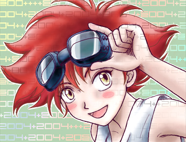 edward wong hau pepelu tivrusky iv, cowboy bebop, lowres, 00s, 1990s (style), 2004, blush stickers, goggles, red hair, retro artstyle, short hair, solo