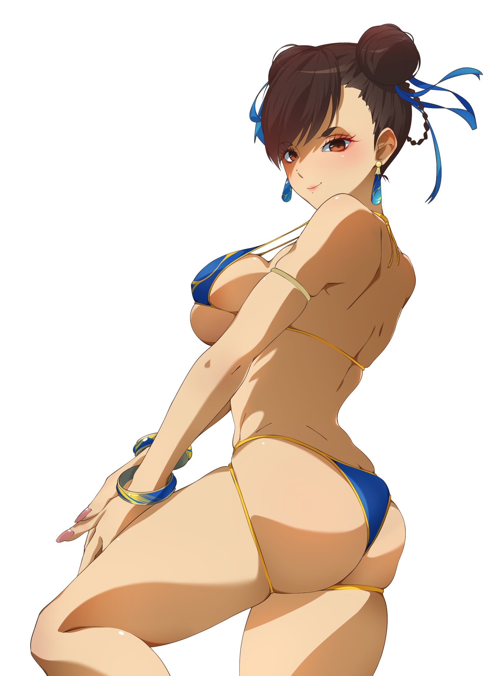 chun-li, capcom, street fighter, street fighter 6, highres, 1girl, bikini, blue bikini, breasts, kewpiemayo1729, large breasts, looking at viewer, simple background, solo, swimsuit, white background