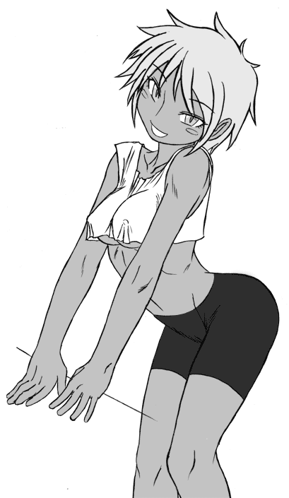 shinachiku, edward wong hau pepelu tivrusky iv, cowboy bebop, 1990s (style), 1girl, aged up, bike shorts, blush stickers, breasts, covered erect nipples, dark-skinned female, dark skin, female focus, greyscale, monochrome, red hair, retro artstyle, short hair, solo, tomboy, underboob