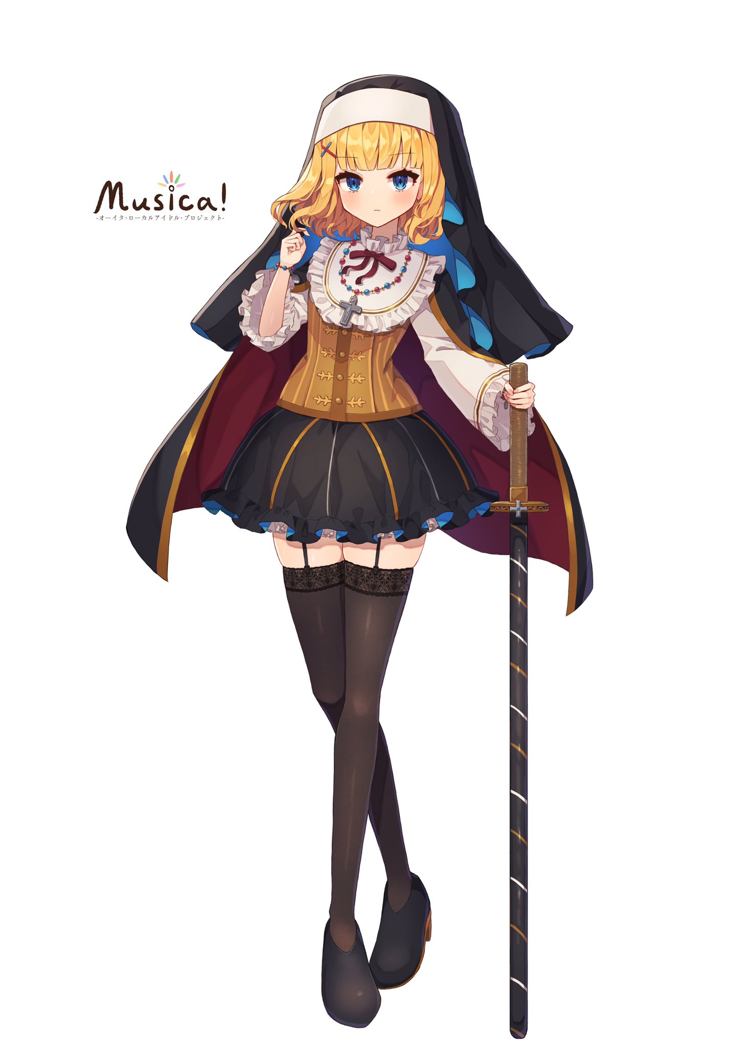 akatanotaki, original, highres, 1girl, bead bracelet, bead necklace, beads, bib collar, black cape, black shoes, black skirt, black thighhighs, black veil, blonde hair, blue eyes, blunt bangs, bob cut, bracelet, brown vest, cape, choker, closed mouth, coif, copyright name, cross, cross hair ornament, cross necklace, crossed legs, expressionless, frilled shirt collar, frilled skirt, frilled sleeves, frills, full body, garter straps, hair ornament, hairclip, hand up, holding, holding sword, holding weapon, jewelry, lace, lace-trimmed thighhighs, lace trim, light blush, long sleeves, looking at viewer, miniskirt, neck ribbon, necklace, nun, red cape, red ribbon, ribbon, rosary, sheath, sheathed, shirt, shoes, short hair, simple background, skirt, solo, standing, sword, thighhighs, twirling hair, two-sided cape, two-sided fabric, veil, vest, watson cross, weapon, white background, white shirt
