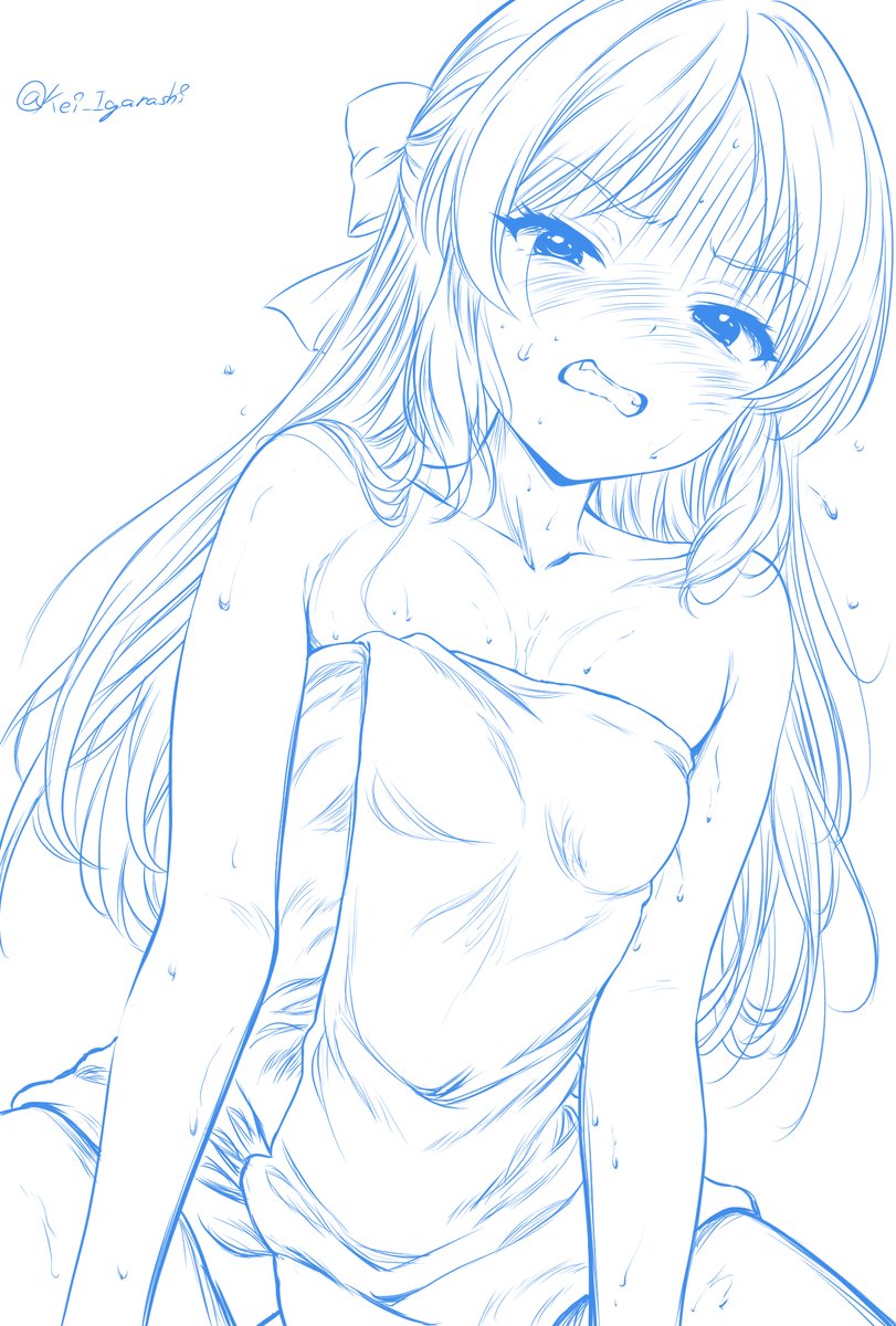 igarashi kei, tachibana arisu, idolmaster, idolmaster cinderella girls, highres, 1girl, blue theme, blush, bow, breasts, fangs, hair bow, half updo, hands out of frame, implied sex, long hair, looking at viewer, monochrome, naked towel, nose blush, open mouth, scowl, simple background, small breasts, solo, straddling, teeth, towel, twitter username, upper teeth only, wet, white background