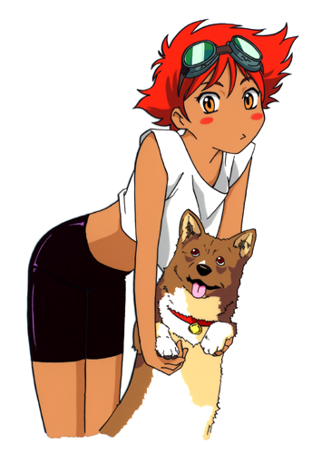 edward wong hau pepelu tivrusky iv, ein (cowboy bebop), cowboy bebop, lowres, 1990s (style), 1girl, androgynous, bike shorts, blush stickers, dog, female focus, goggles, red hair, retro artstyle, reverse trap, short hair, solo, tomboy, welsh corgi