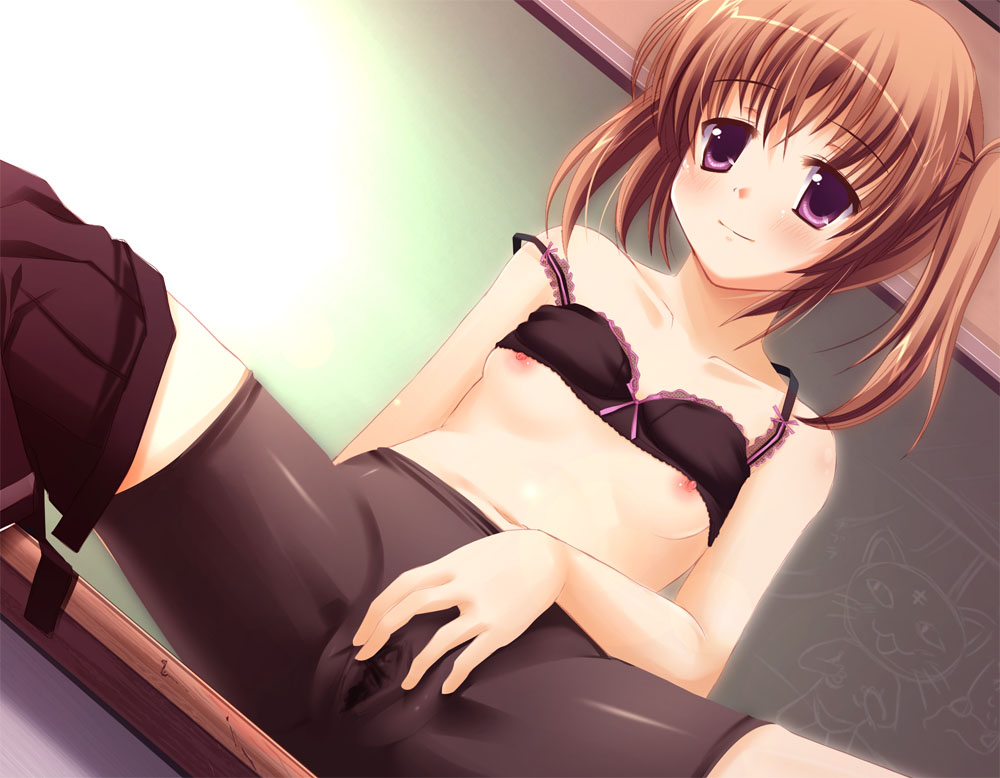 kazumasa, original, 1girl, bike shorts, blush, bra, bra lift, bra pull, breasts, brown hair, chalkboard, clothes pull, covered erect nipples, dutch angle, female focus, flat chest, latex, lingerie, loli, navel, nipples, purple eyes, pussy, sitting, smile, solo, spandex, spread legs, spread pussy, spread pussy under clothes, spreading own pussy, strap slip, twintails, underwear, wet