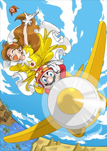 arashi, hououji arashi, mario, princess daisy, mario (series), nintendo, super mario land, lowres, 1boy, 1girl, aircraft, airplane, brown hair, crown, dress, facial hair, flying, frilled dress, frills, happy, laughing, mustache, pyramid (structure), sky, sky pop, smile, tomboy, yellow dress