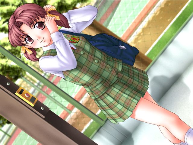 joy ride, libido, fifteen, bad tag, 1girl, adjusting hair, bag, brown eyes, brown hair, female focus, outdoors, plant, school bag, school uniform, smile, socks, solo, standing, tree, twintails