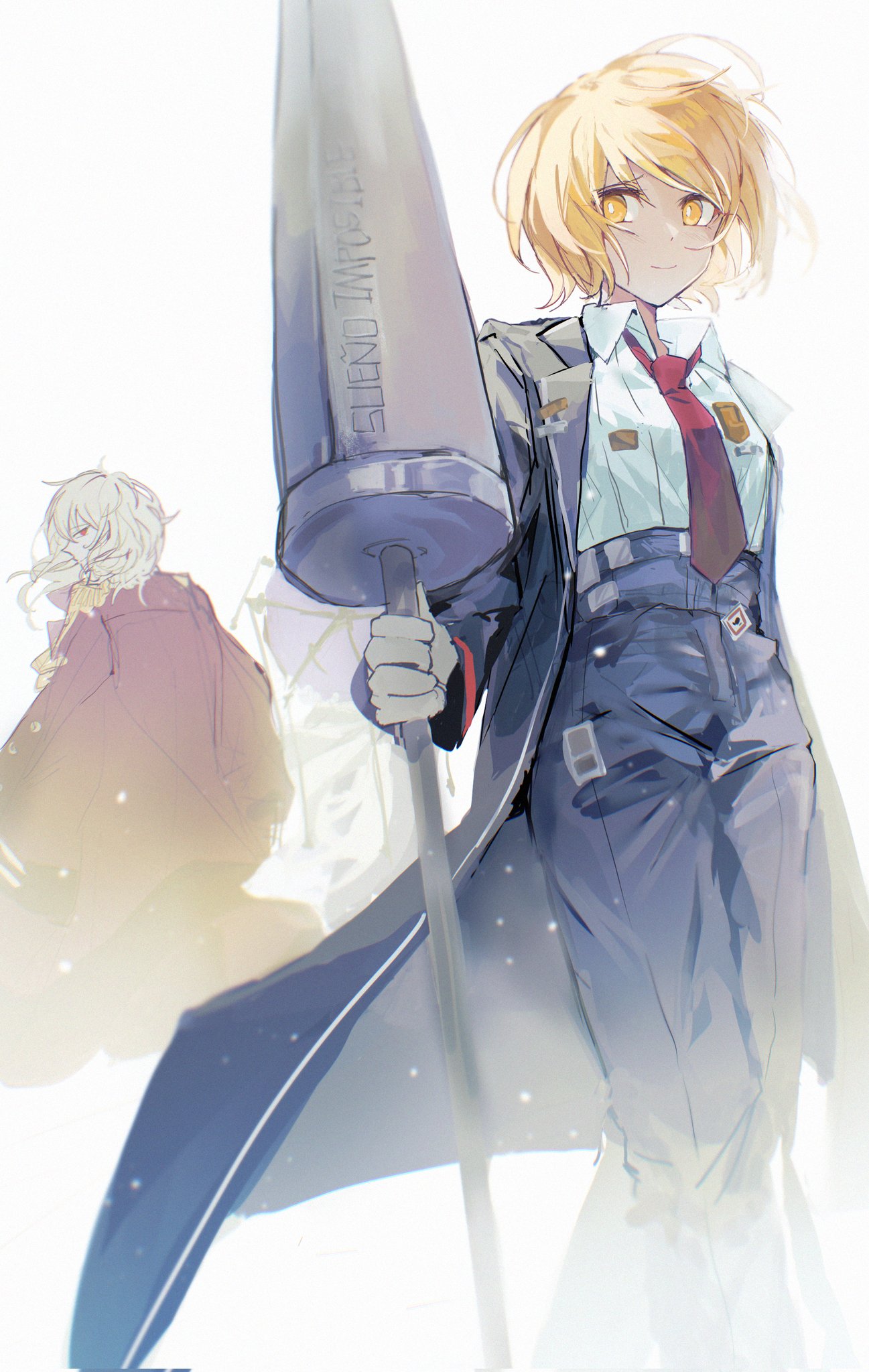hasugu, don quixote (project moon), limbus company, project moon, highres, 1boy, 1girl, black coat, blonde hair, coat, collared shirt, epaulettes, holding, holding polearm, holding weapon, la manchaland's don quixote (project moon), lance, long hair, long sleeves, looking at another, looking at viewer, necktie, polearm, red eyes, red necktie, shirt, short hair, simple background, smile, solo focus, standing, upper body, weapon, white background, white hair, white shirt, yellow eyes