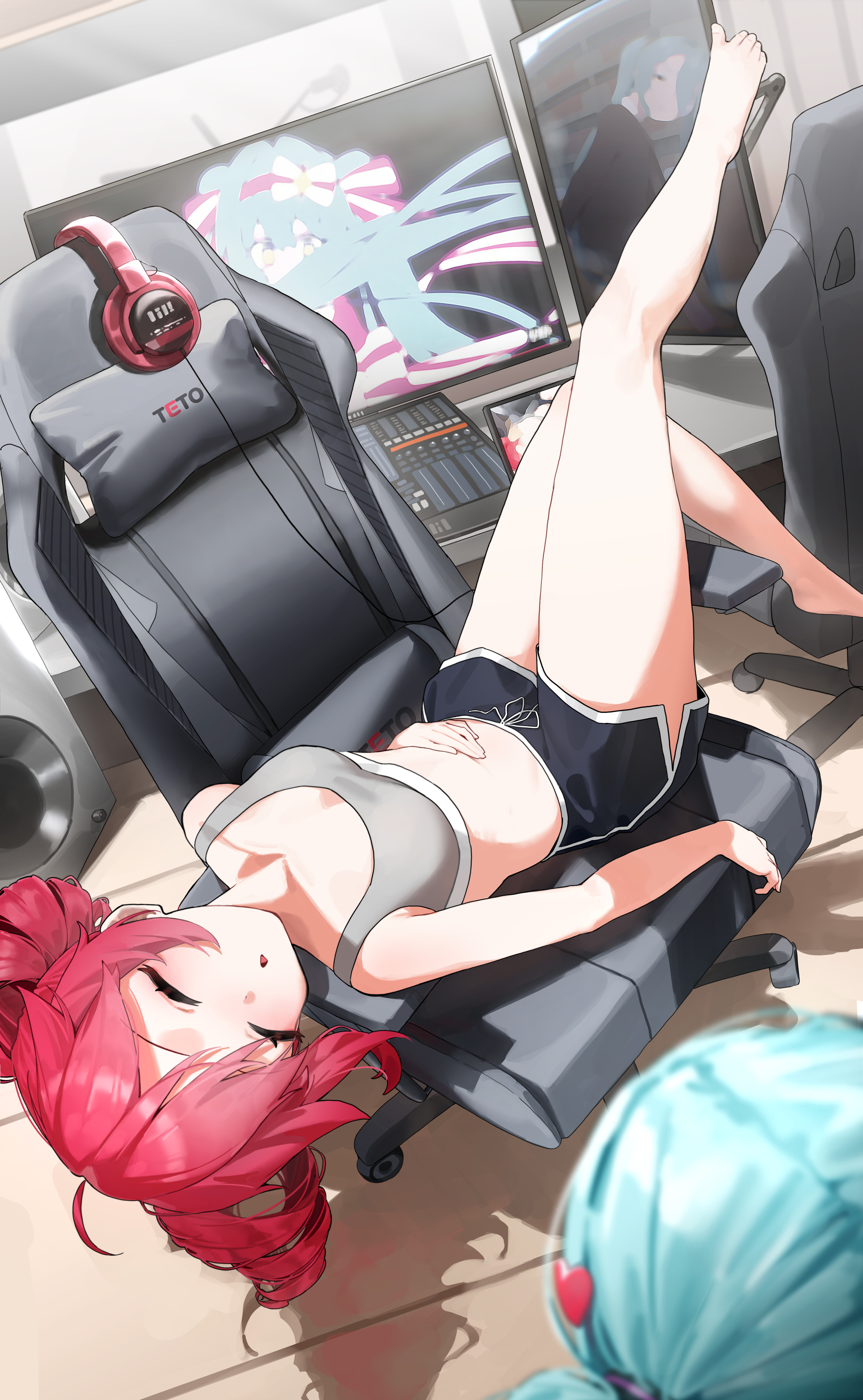 hatsune miku, kasane teto, monitoring (vocaloid), utau, vocaloid, absurdres, commentary, highres, 2girls, ahoge, aqua hair, bare arms, bare legs, bare shoulders, barefoot, black shorts, blurry, blurry foreground, breasts, chair, closed eyes, collarbone, dolphin shorts, drawstring, drill hair, from above, full body, gaming chair, gaueaul, grey sports bra, hair ornament, hand on own stomach, headphones, heart, heart hair ornament, ima sugu rinne (vocaloid), indoors, leg up, lying, mixing console, monitor, multiple girls, on back, on chair, parted lips, red hair, shadow, short shorts, shorts, sidelocks, sleeping, speaker, sports bra, stomach, swivel chair, twin drills, twintails, unworn headphones
