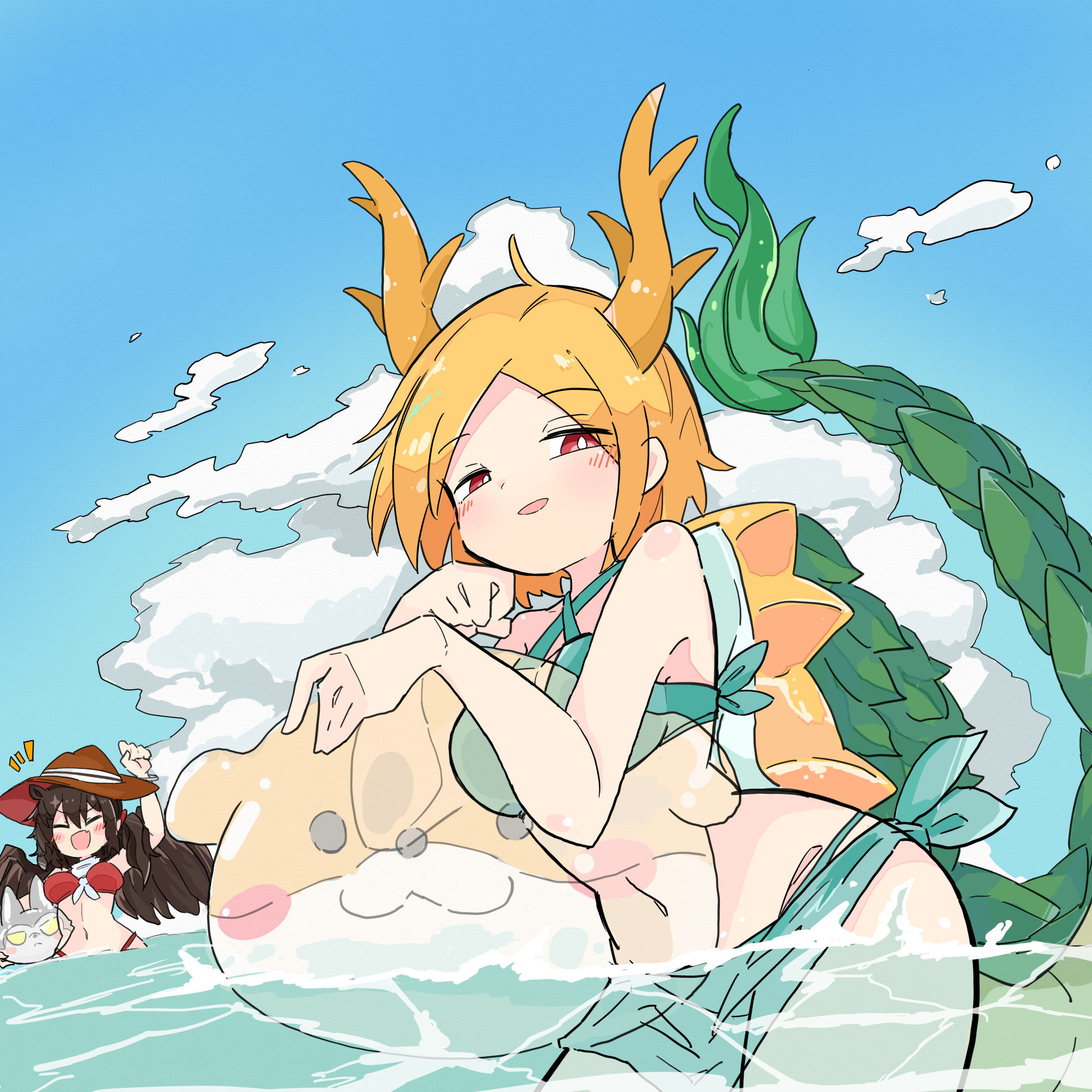 tatutaniyuuto, kicchou yachie, kurokoma saki, touhou, commentary request, highres, 2girls, animal ears, ball, beachball, bikini, black wings, blonde hair, blue sky, blush, bright pupils, brown hair, closed eyes, cloud, eastern dragon horns, eastern dragon tail, green bikini, hair between eyes, hat, holding, holding ball, holding beachball, horse ears, long hair, multiple girls, navel, ocean, open mouth, parted bangs, ponytail, red bikini, red eyes, short hair, sky, smile, swimsuit, thighs, turtle shell, wading, water, white pupils, wings