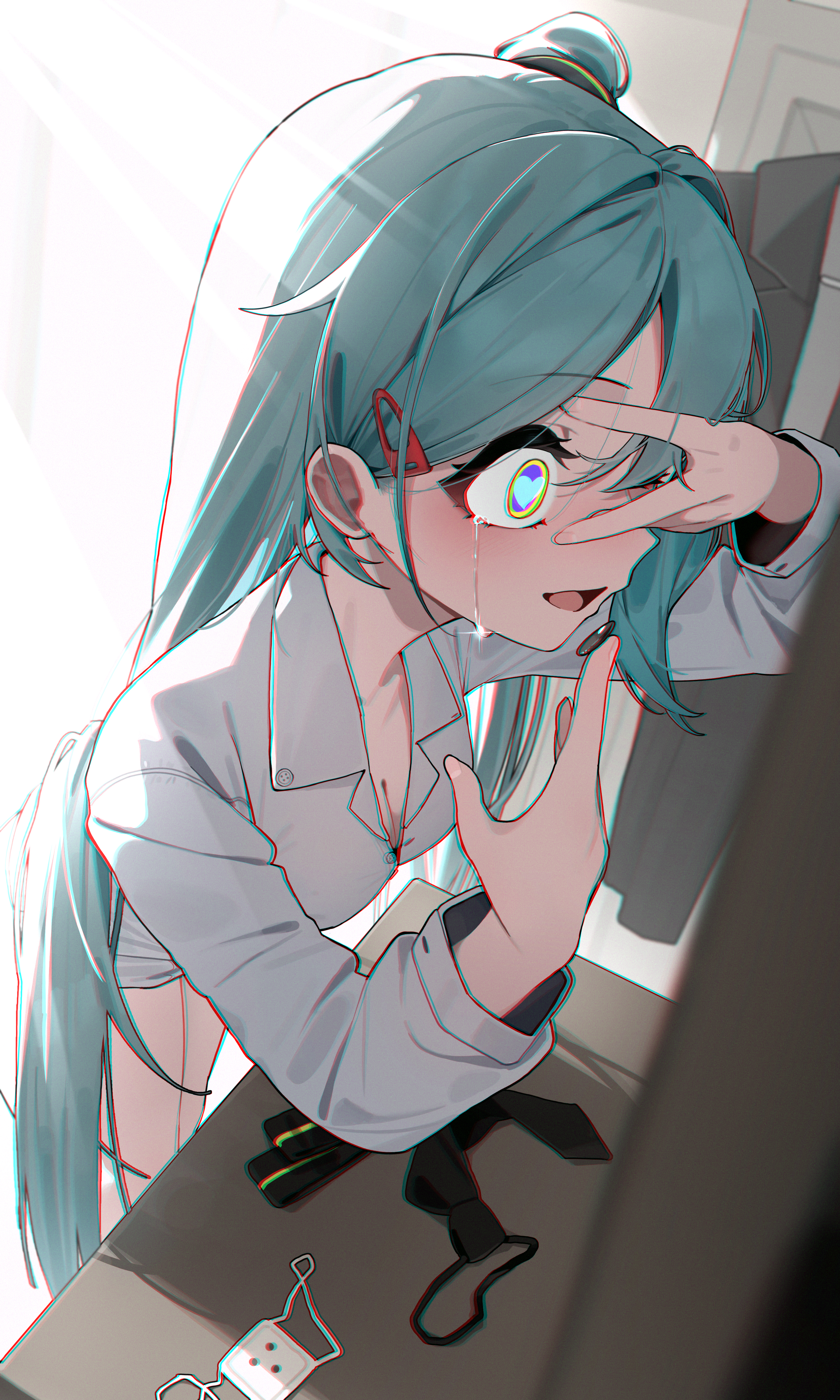 hatsune miku, monitoring (vocaloid), vocaloid, absurdres, commentary, highres, 1girl, aqua hair, breasts, chromatic aberration, cleavage, collarbone, contact lens, crying, crying with eyes open, desk, dressing, eyepatch, gaueaul, hair ornament, hairclip, heart, heart-shaped pupils, long hair, necktie, no pants, open mouth, putting in contact lens, shirt, solo, symbol-shaped pupils, teardrop, tears, unworn eyepatch, unworn necktie, white shirt