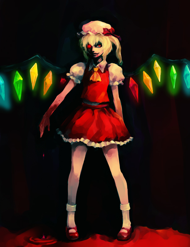 hironox, flandre scarlet, touhou, 1girl, blonde hair, blood, bonnet, dress, female focus, full body, glowing, glowing eye, glowing eyes, hat, mary janes, mob cap, red eyes, shoes, socks, solo, vampire, wings