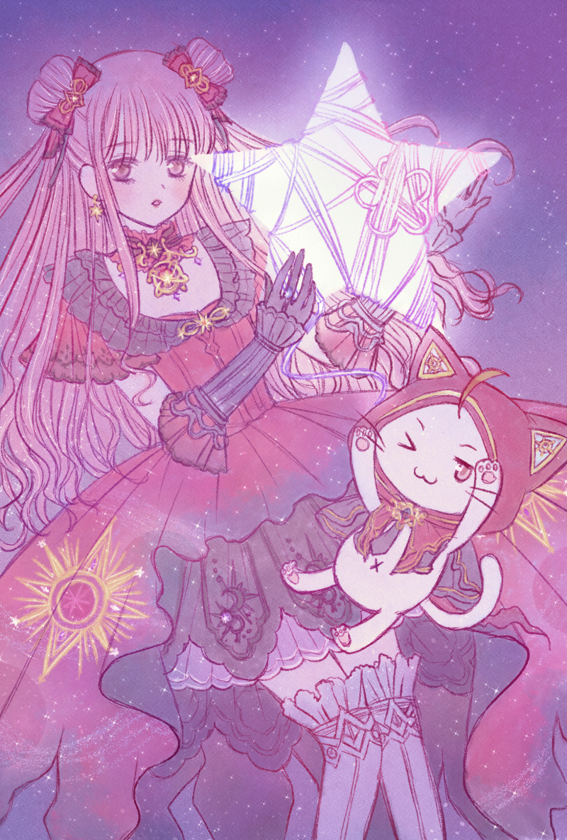momo (nikki), nikki (nikki), threads of reunion (infinity nikki), whimstar (infinity nikki), infinity nikki, nikki (series), commentary, english commentary, > o, 1girl, ahoge, animal, black choker, black gloves, bow, bowtie, brown eyes, cat, choker, cloak, clothed animal, cowboy shot, dot nose, double bun, dress, ear covers, earrings, elbow gloves, expressionless, eyelashes, frilled bow, frilled choker, frilled dress, frilled gloves, frilled sleeves, frilled thigh strap, frills, gloves, glowing, gold earrings, gold necklace, gown, hair bow, hair bun, holding, holding star, hood, hood up, hooded cloak, jewelry, light blush, light particles, long dress, long hair, looking at viewer, lucidly, navel, necklace, official alternate costume, one eye closed, parted lips, pawpads, pink hair, pleated dress, print dress, purple background, red bow, red bowtie, red cloak, red dress, short sleeves, sidelocks, square neckline, standing, star (symbol), star earrings, sun print, thigh strap, thighhighs, torn clothes, torn dress, very long hair, wavy hair, white cat, white thighhighs, yarn