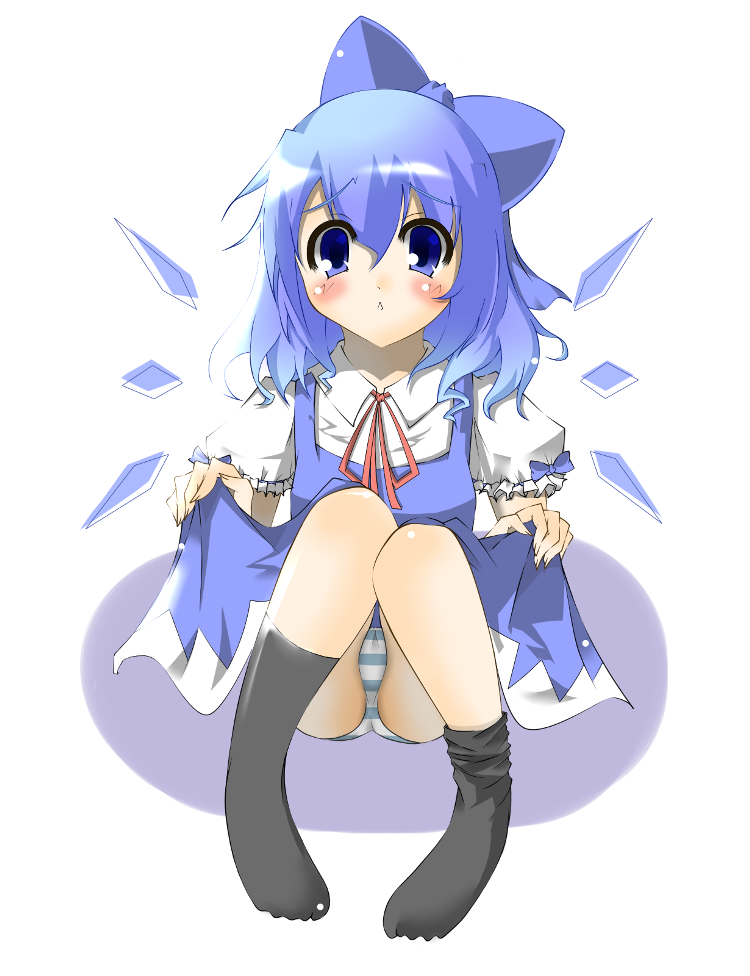 atsushi (pixiv), guunome, cirno, embodiment of scarlet devil, touhou, 1girl, black socks, blue panties, blue skirt, blush, brown eyes, brown hair, female focus, full body, ice, ice wings, kneehighs, knees up, looking at viewer, lying, panties, pantyshot, puffy short sleeves, puffy sleeves, short sleeves, simple background, sitting, skirt, socks, solo, striped clothes, striped panties, underwear, white background, wings